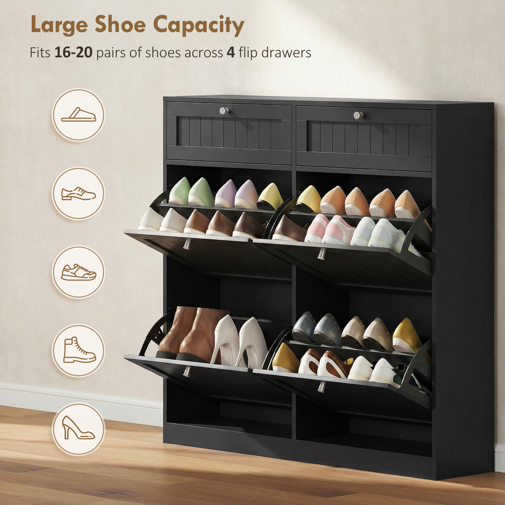 Shoe Cabinet with 2 Large Flip Drawers, Farmhouse Narrow Shoe Storage Cabinet with 2 Top Compartments, Black - Image 3