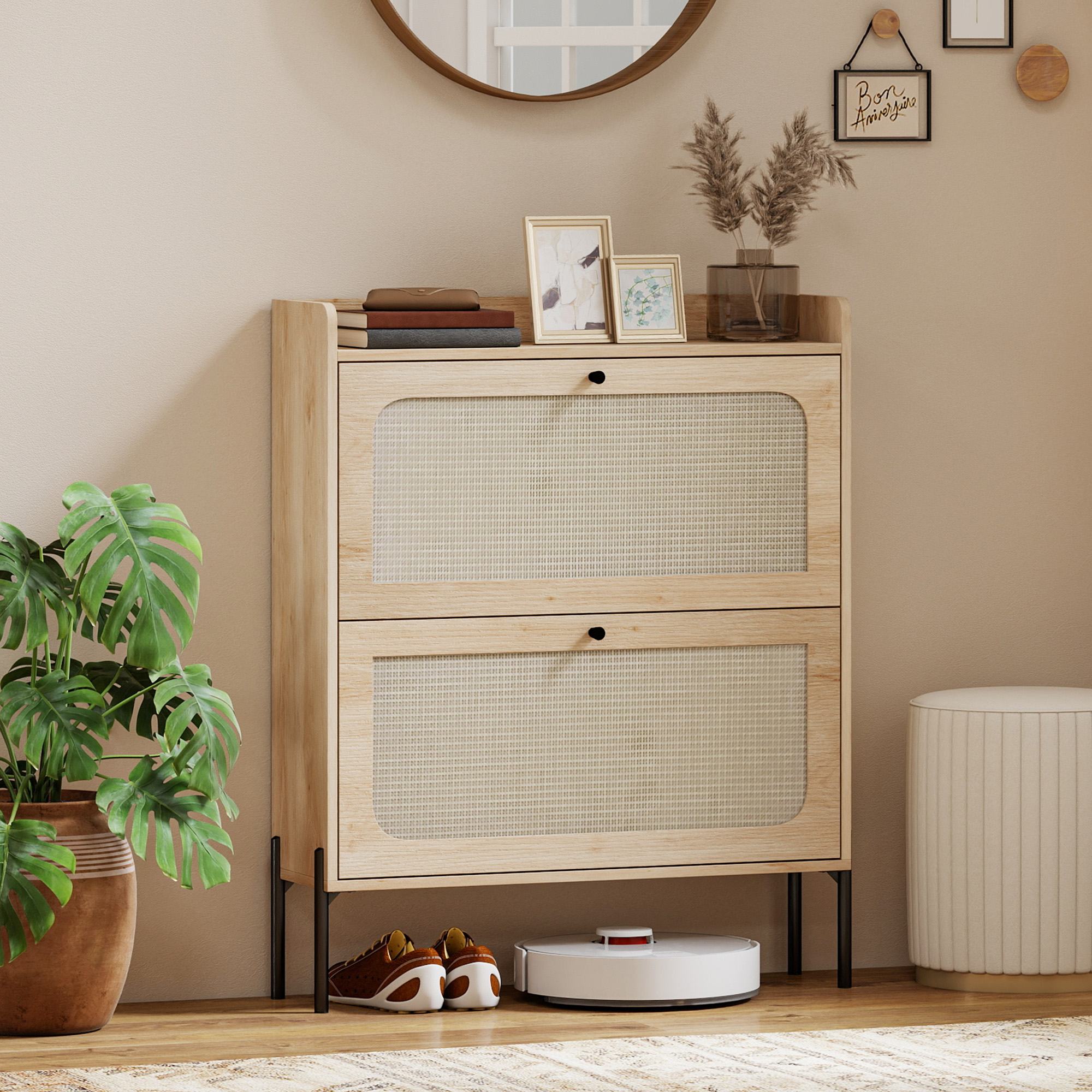 Shoe Cabinet with 2 Flip Drawers, Boho Narrow Shoe Storage Cabinet, Oak - Image 6