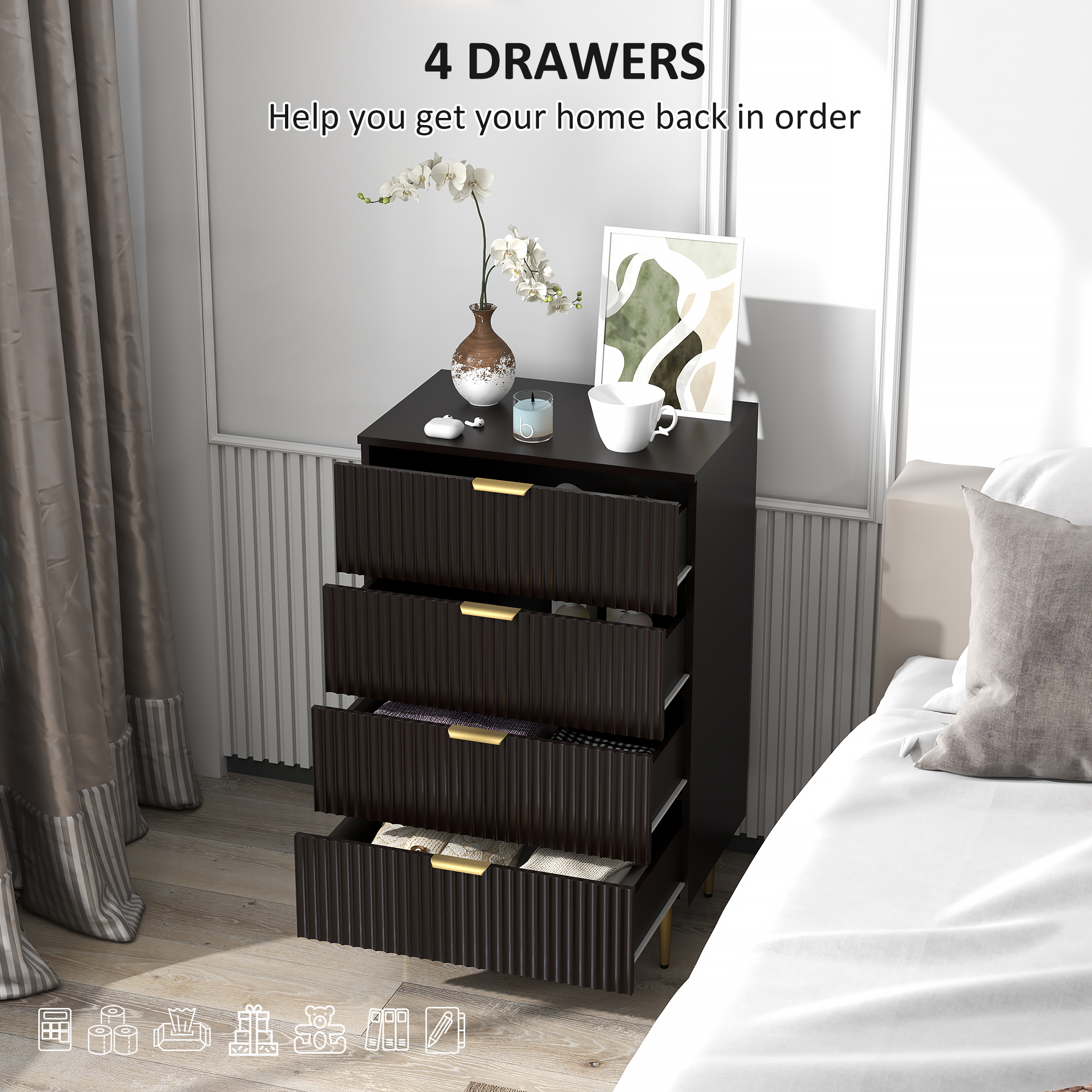 Modern Chest of Drawers 4 Drawer Dresser for Bedroom with Gold Legs and Handles, Black - Image 2