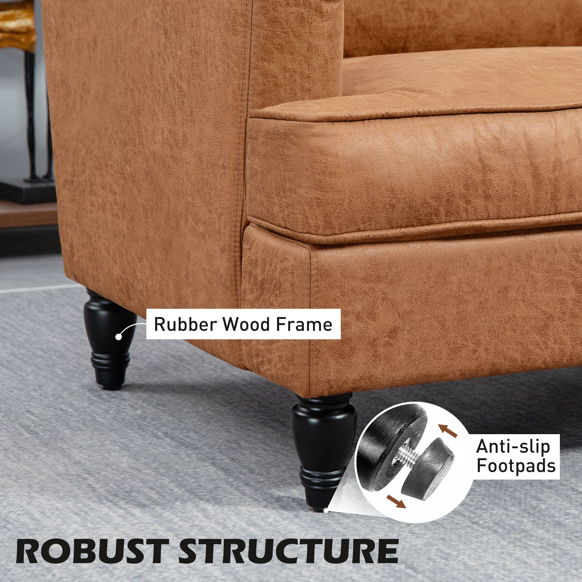 Modern Accent Chair, Leathaire Armchair with Turned Legs and Wide Seat, Comfy Chair for Living Room, Brown - Image 3