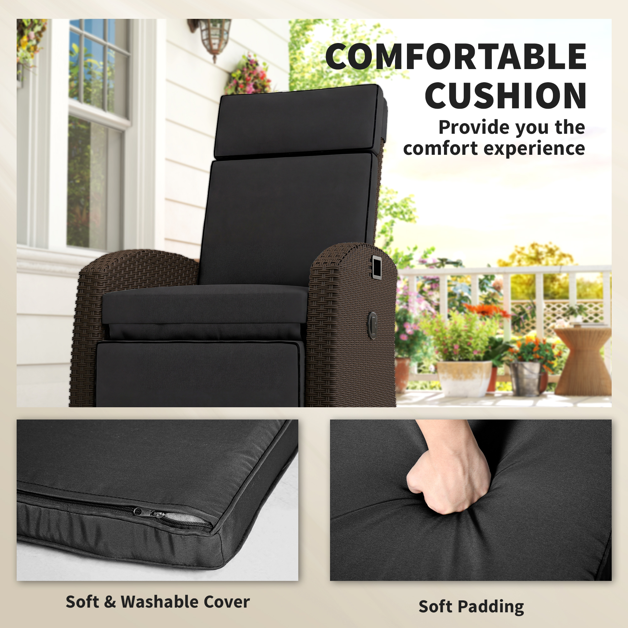 Outdoor Recliner Chair with Adjustable Backrest, Cushion, Side Tray, Black - Image 5