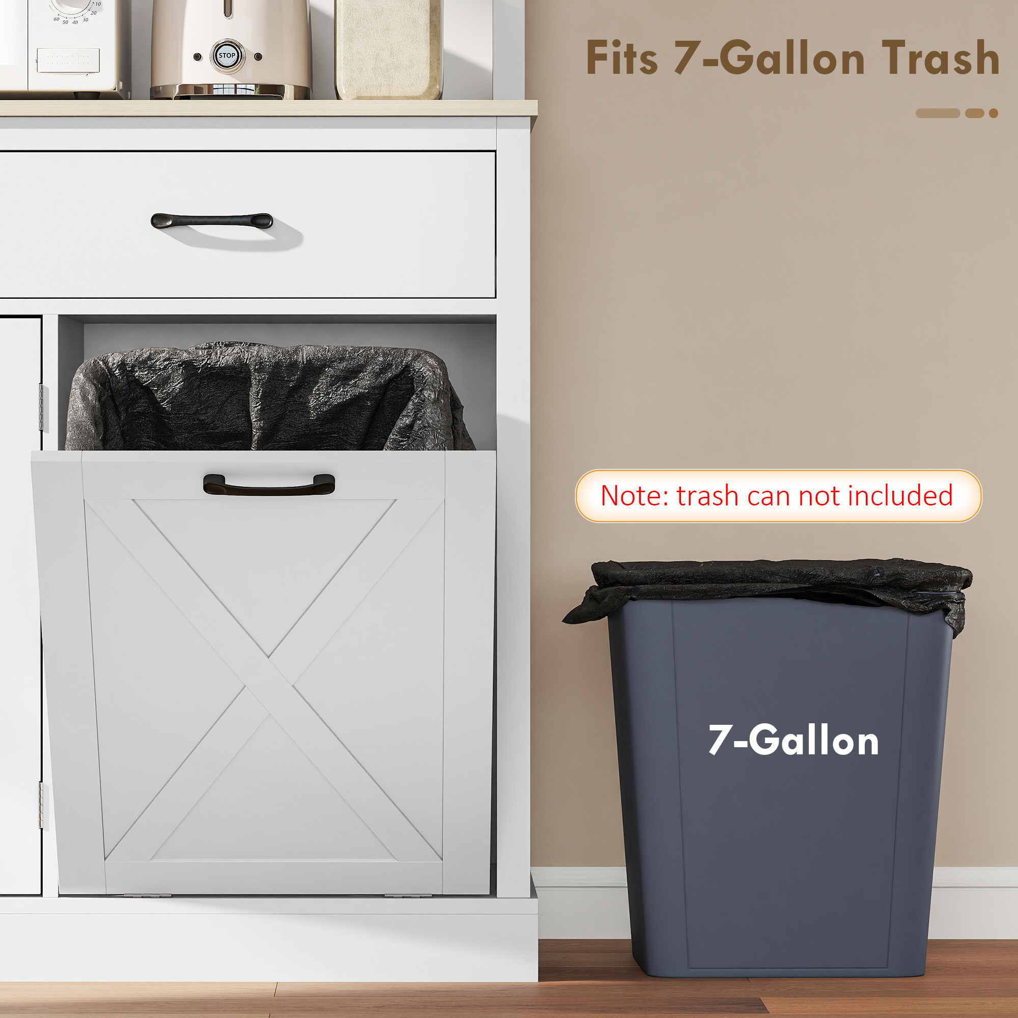 69" Kitchen Pantry Cabinet with Charging Station Kitchen Cabinet with Microwave Stand 7 Gallon Trash Can Cabinet White - Image 5