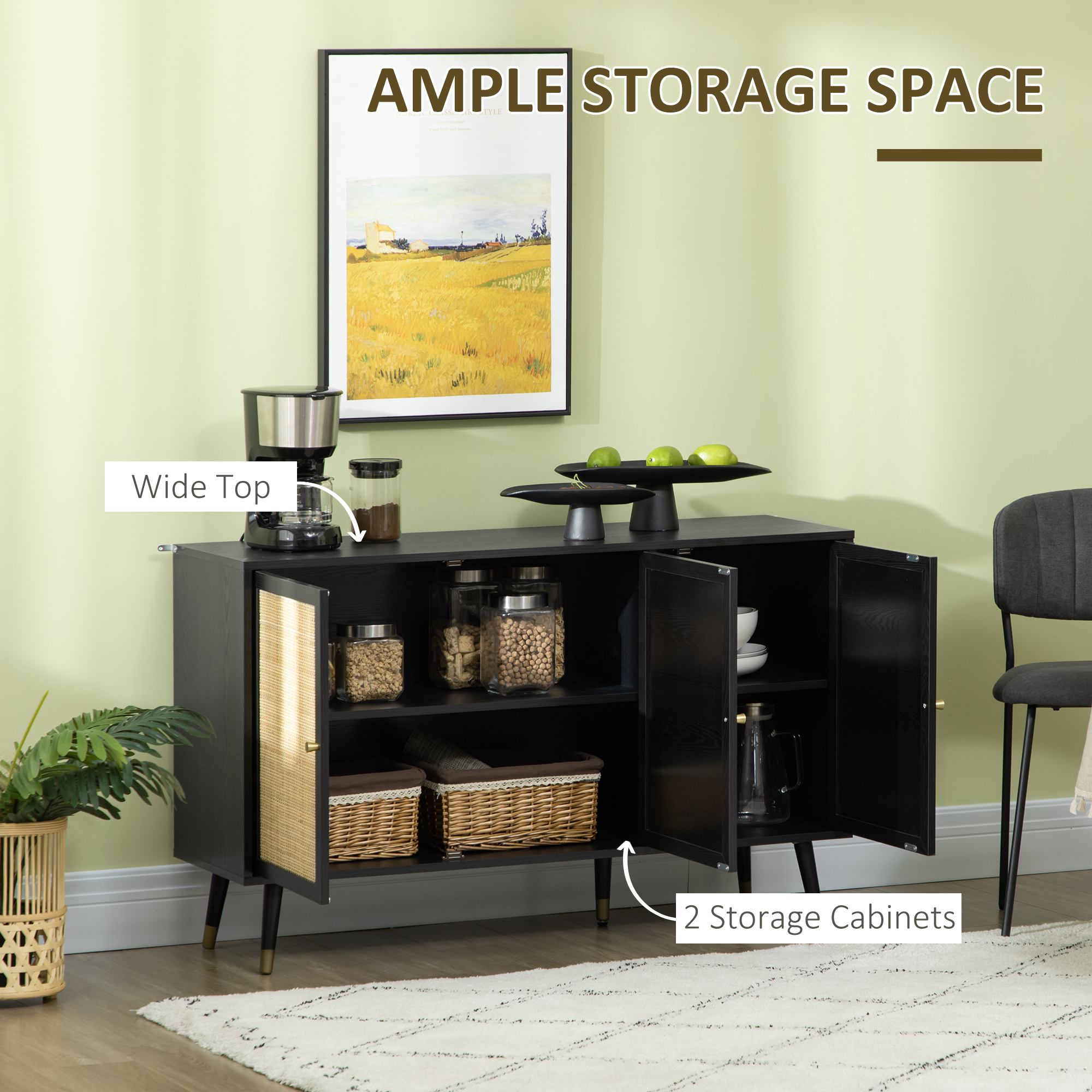 Kitchen Sideboard Cabinet, Boho Storage Cabinet with Shelves, Wood Legs, Decorative Rattan Doors, Black - Image 3