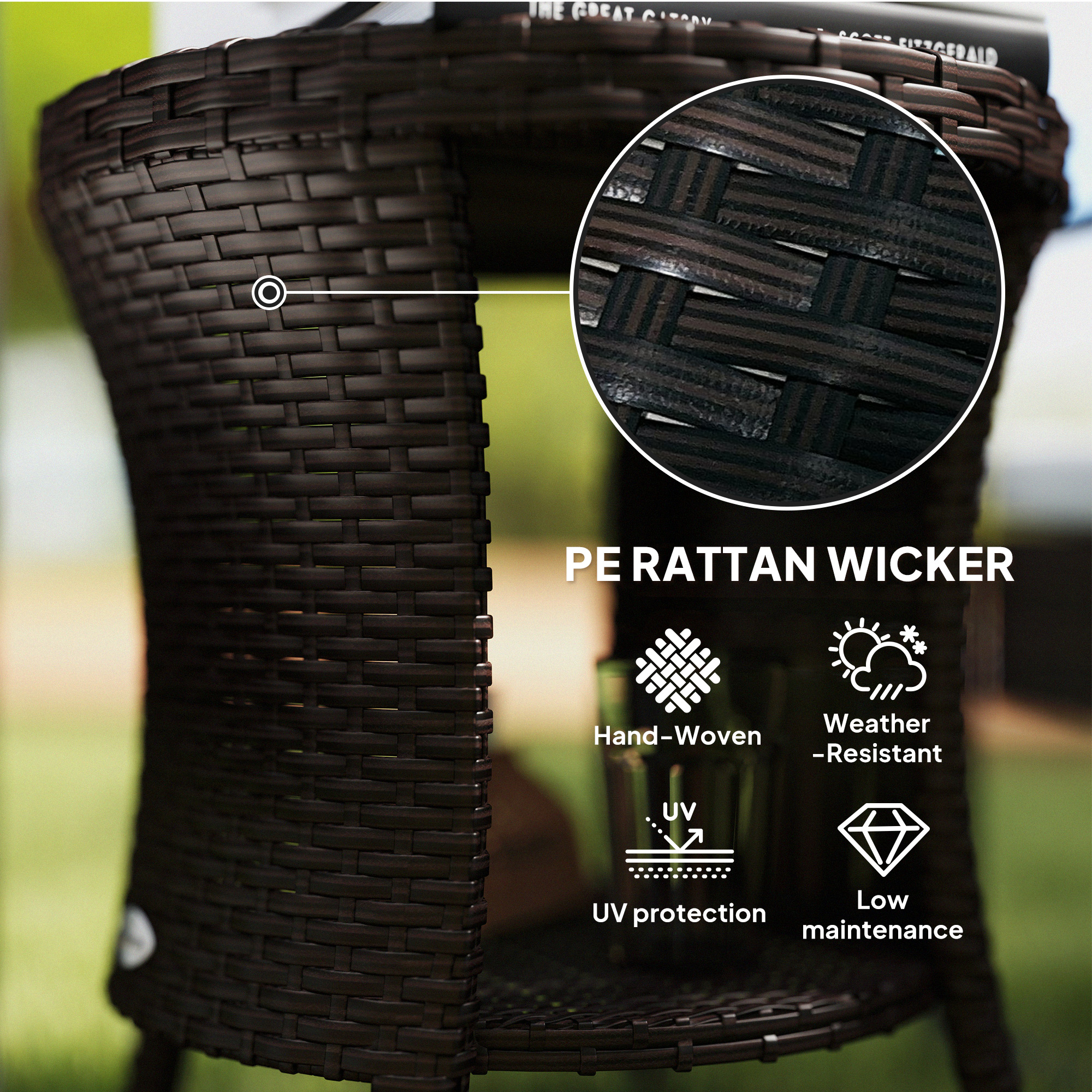 18" Wicker Outdoor Coffee Table, PE Rattan Patio Side Table with 2-Tier Storage, Composite Wood Top, Brown - Image 3