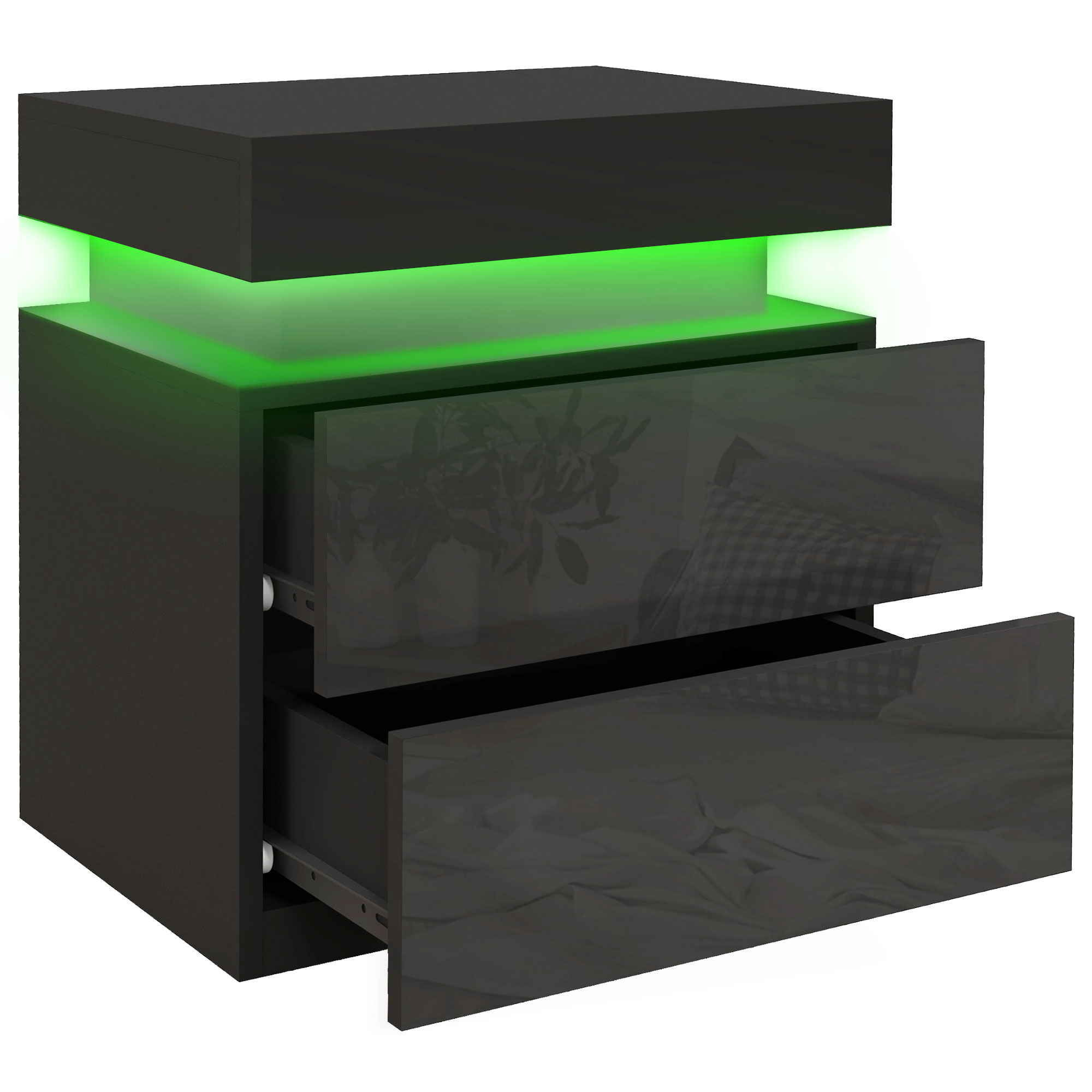 Nightstand, Bedside Table with LED Lights and 2 Drawers for Bedroom, Living Room, Black