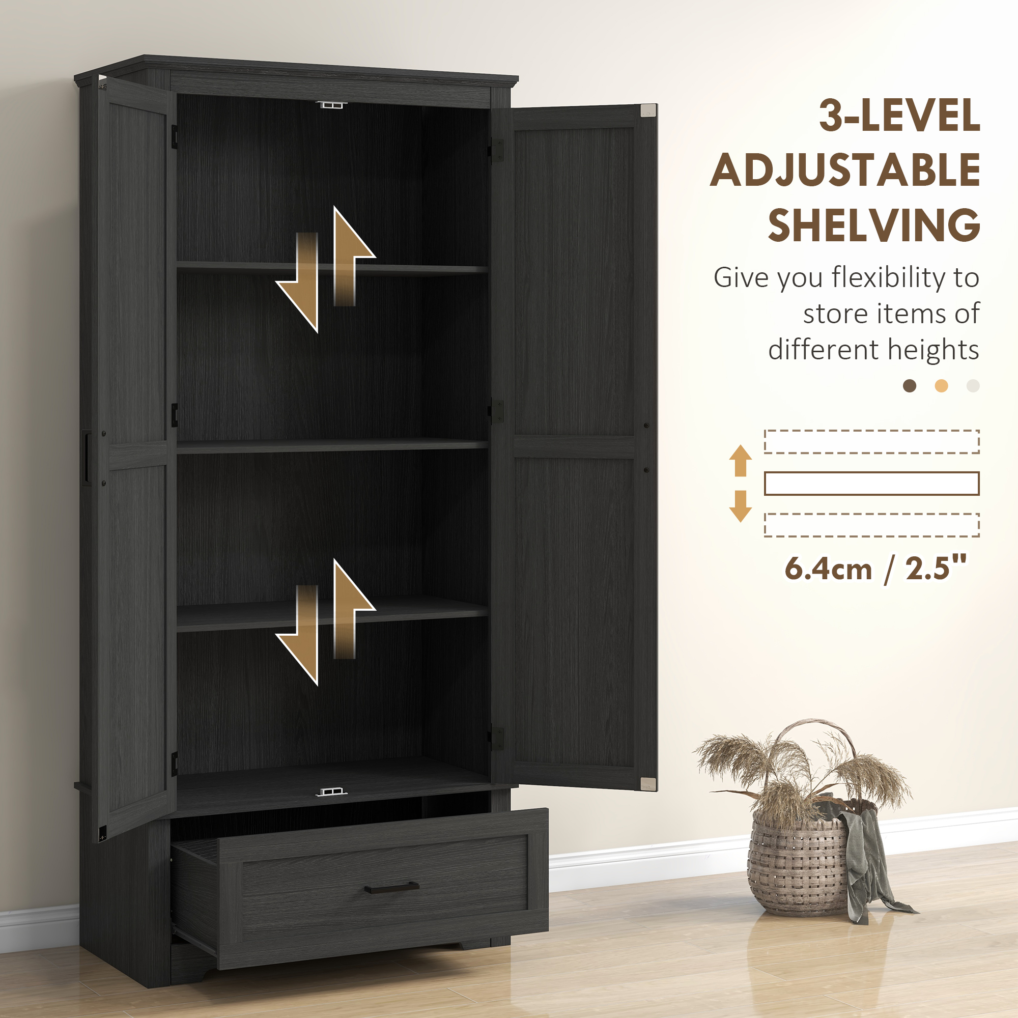 69" Tall Farmhouse Kitchen Pantry Cabinet with 2 Doors, Drawer and Adjustable Shelves, Black Wood Grain - Image 3