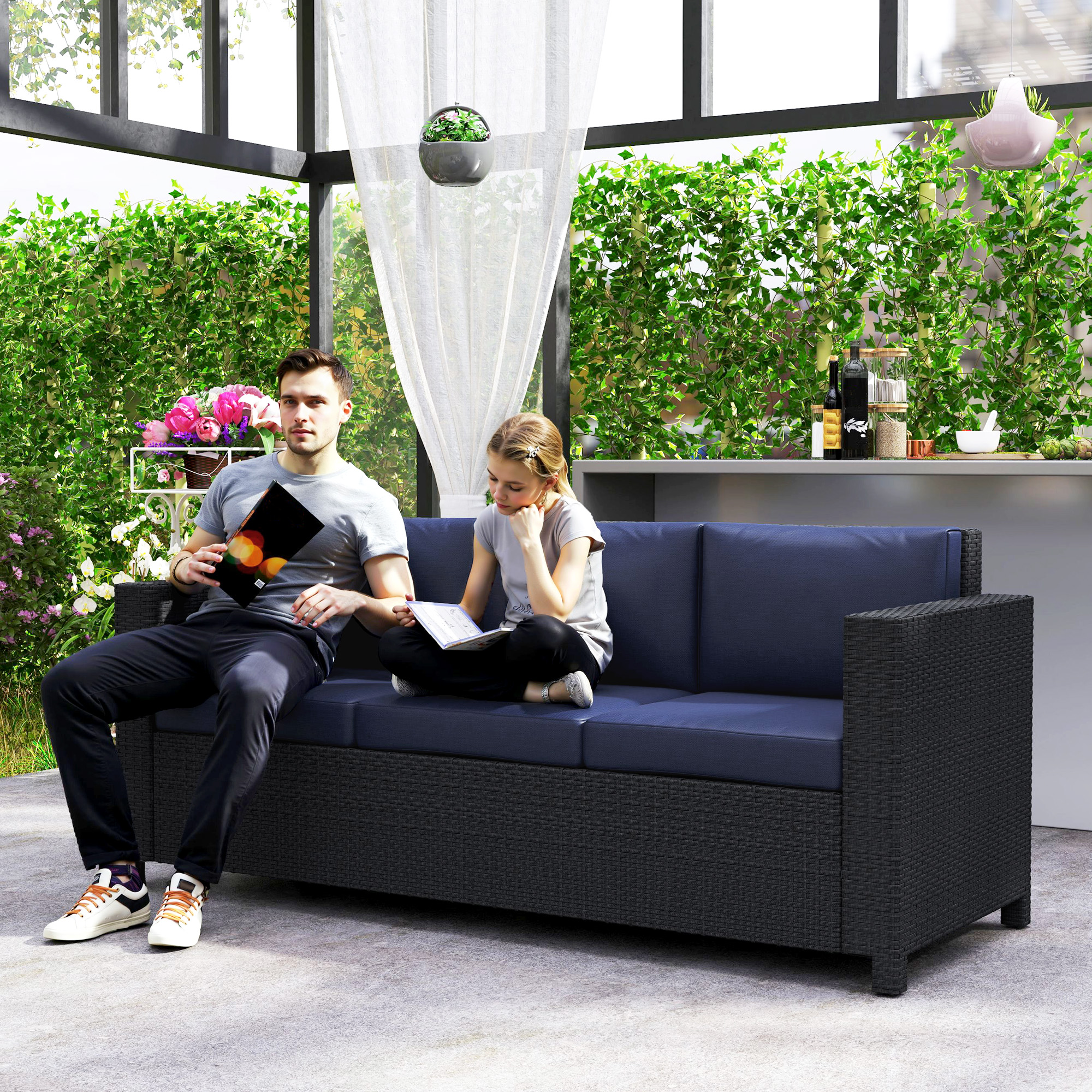Deluxe 3 Seat Rattan Wicker Sofa Garden Outdoor Patio Furniture with Cushion, Navy Blue - Image 6