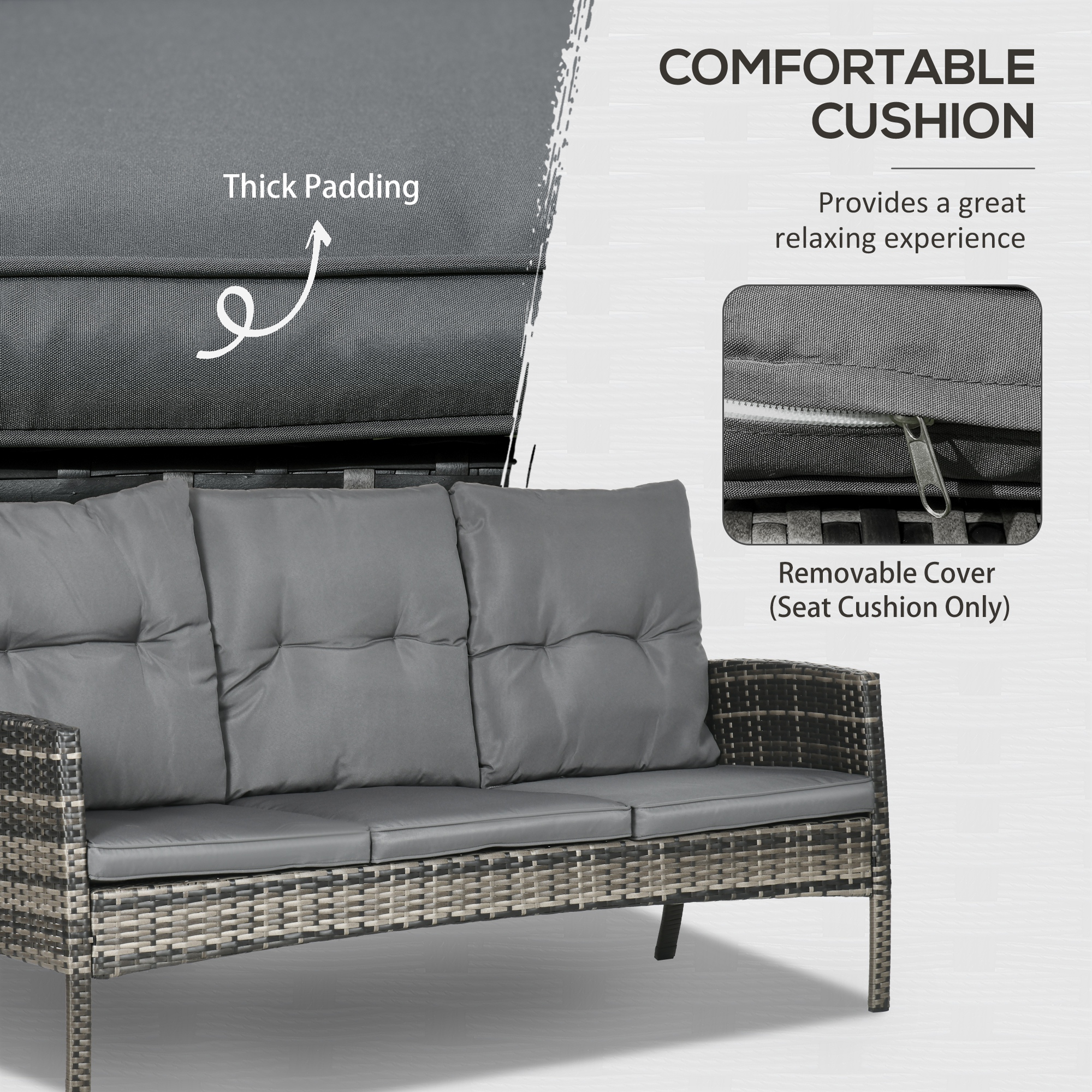6-Piece Outdoor Patio Furniture Set with Chairs, Ottomans, Sofa, Glass Top Coffee Table and Cushions, Wicker Rattan Conversation Set for Backyard and Porch, Grey - Image 2