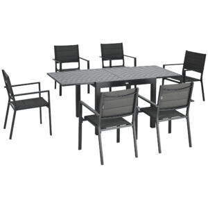 Patio Dining Set for 6, Aluminum Expandable Outdoor Table and 6 Stackable Chairs with Padded Back, Mesh Seat, Dark Grey