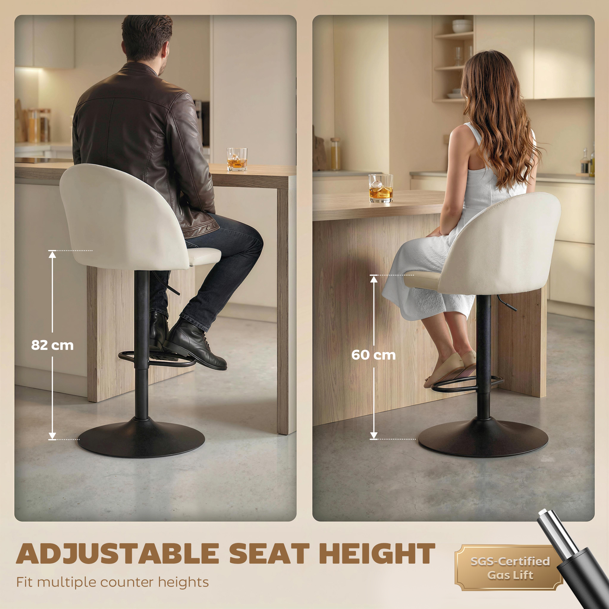 Bar Stools Set of 2, Swivel Counter Height Barstools with Footrest, Cream White - Image 3