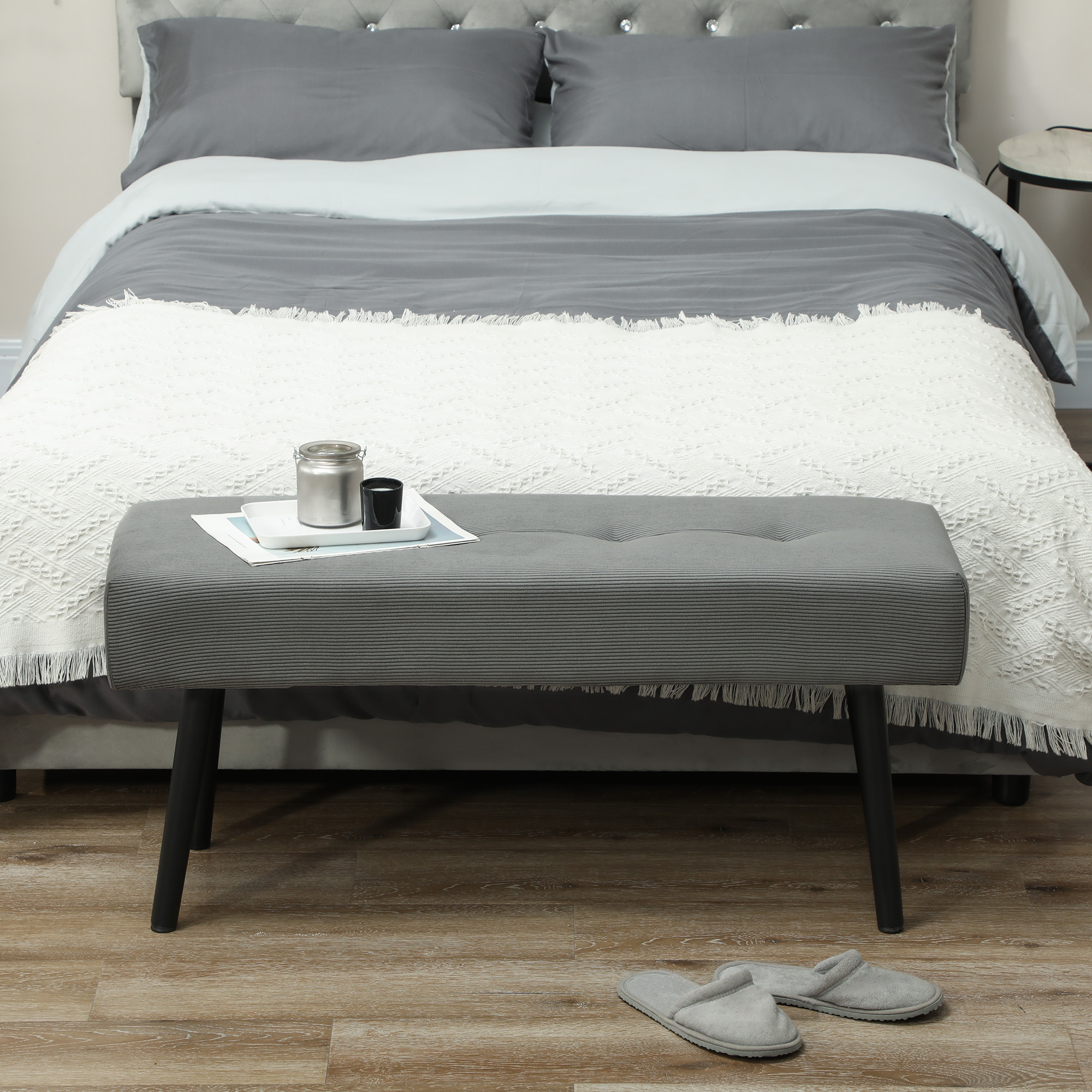 39" Upholstered Ottoman Bench, Corduroy Entryway Bedroom Bench with Padded Seat and Steel Legs for Bedroom, Grey - Image 5
