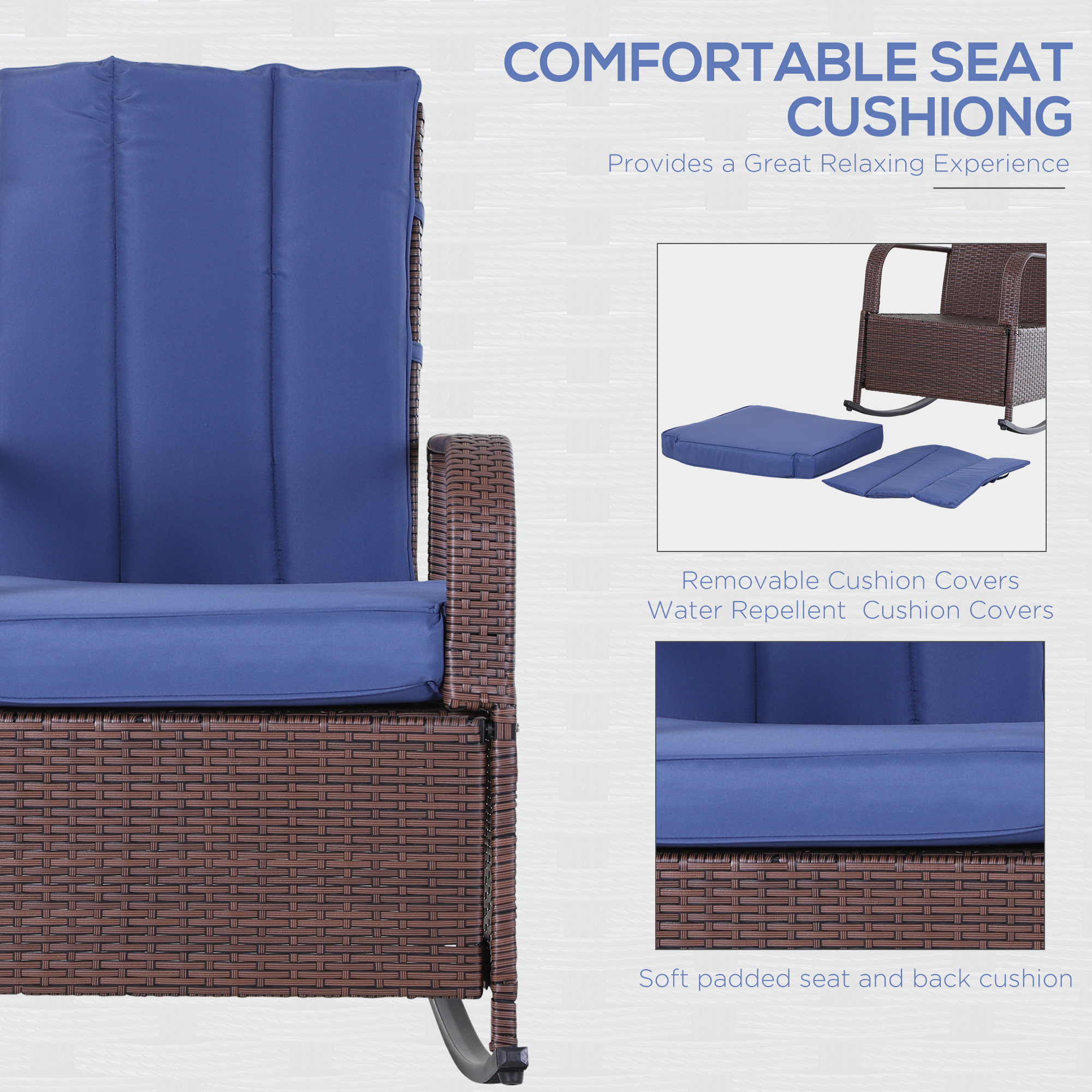 Outdoor Wicker Rocking Chair with Cushion, Patio PE Rattan Recliner Chair with Adjustable Footrest, Armrests, Dark Blue - Image 4