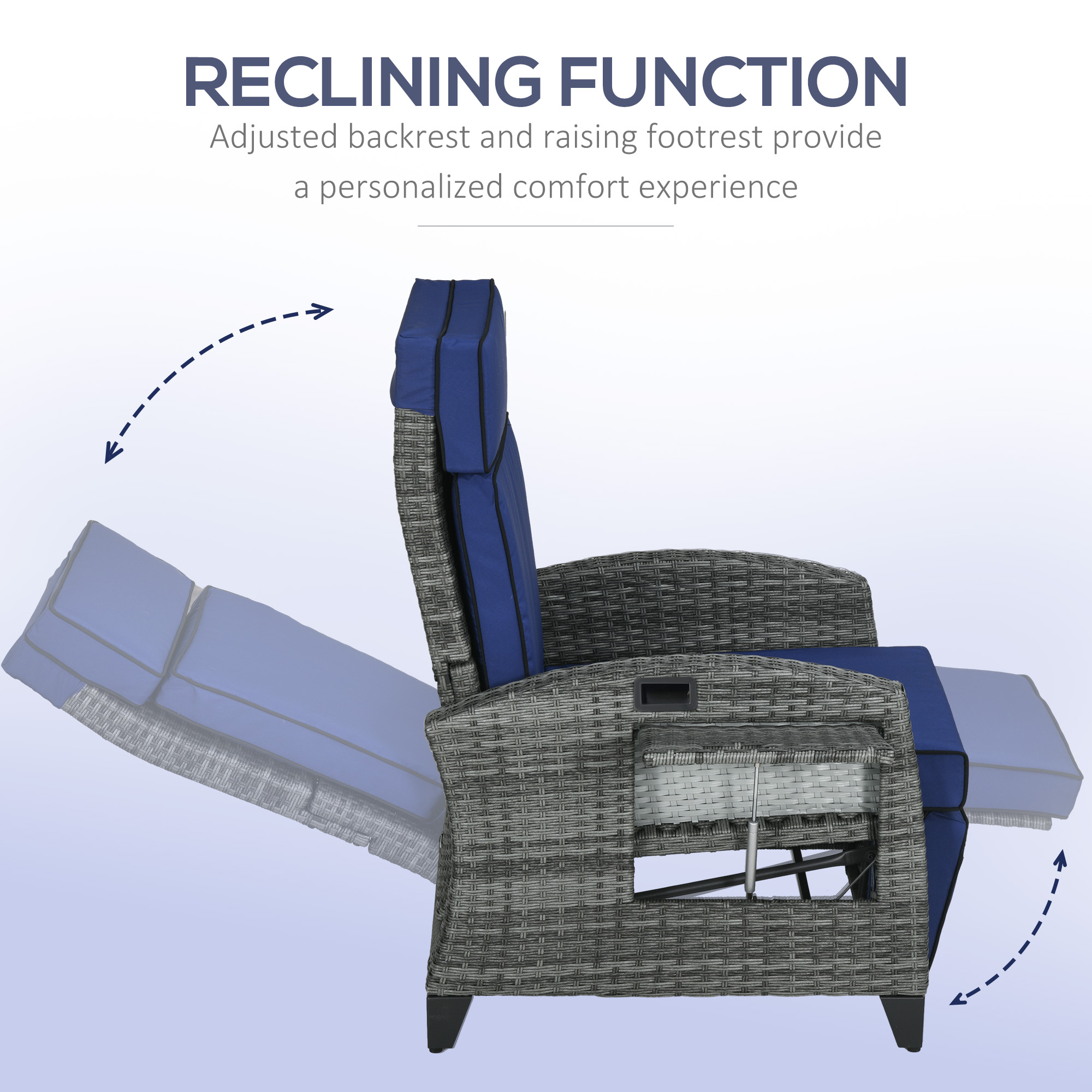 Outdoor Recliner Chair with Adjustable Backrest, Cushion, Side Tray, Dark Blue - Image 2