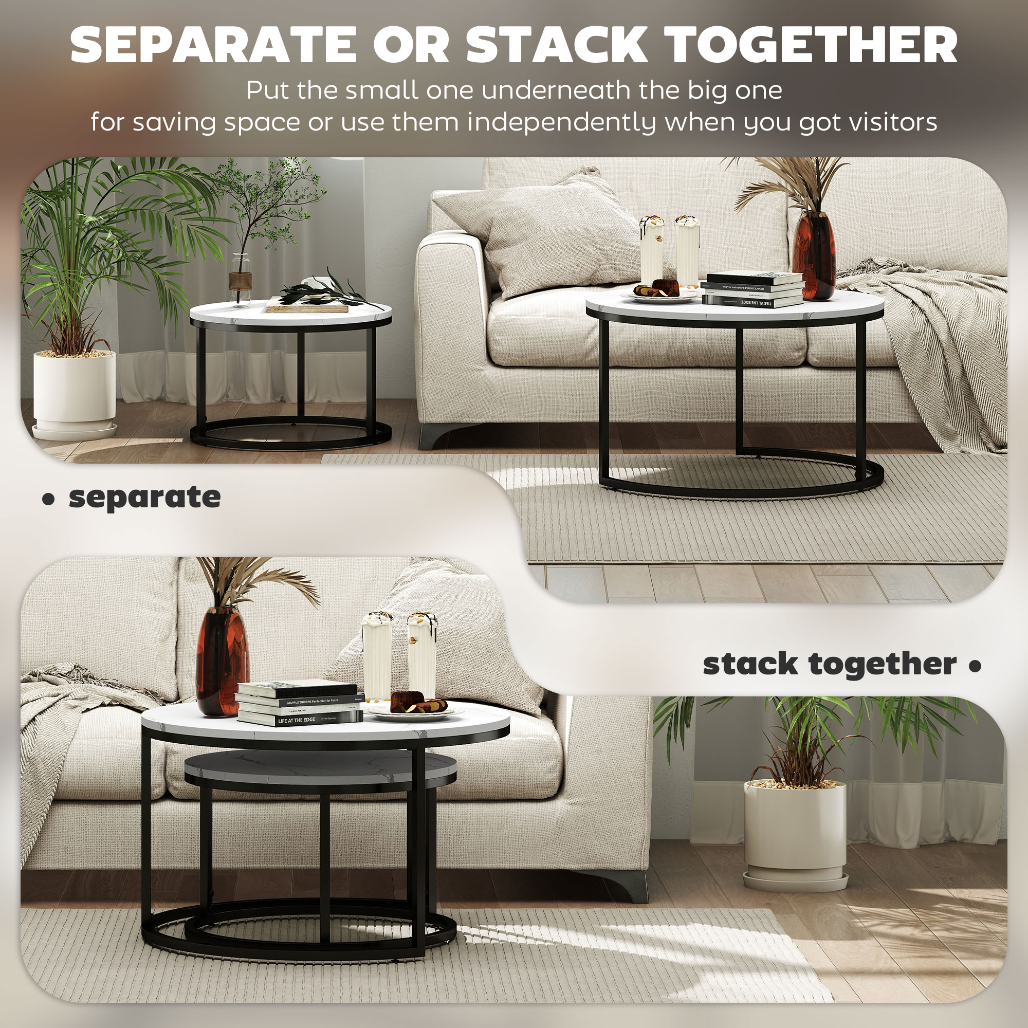 Modern Coffee Table Set of 2, Nesting Side Tables w/ Metal Base for Living Room Bedroom Office Faux Marbled White - Image 3