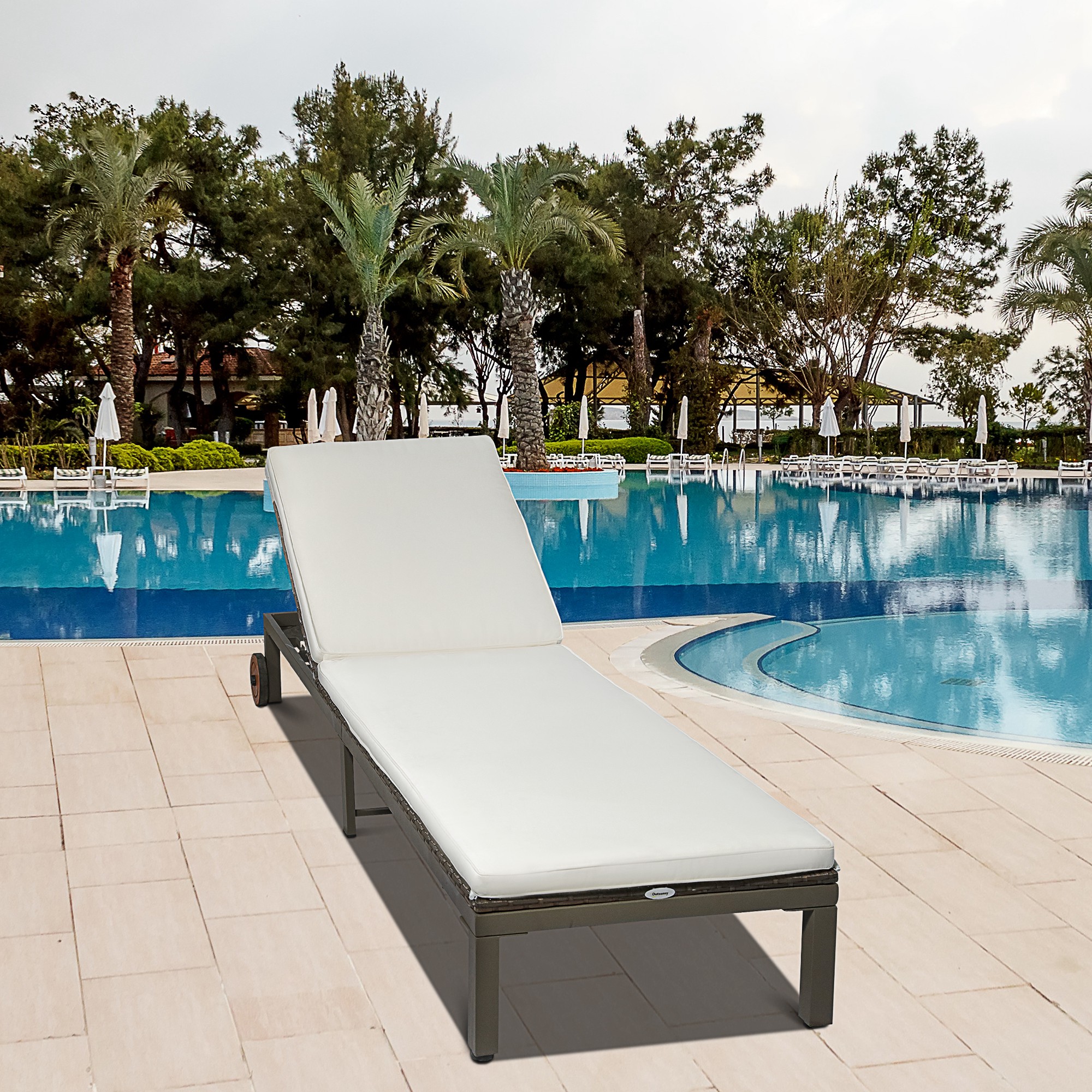 Patio Rattan Sun Lounger with 4-Level Adjustable Backrest and Wheels, Wicker Chaise Lounge Chair with Cushion, for Patio, Deck, Poolside Cream White - Image 6