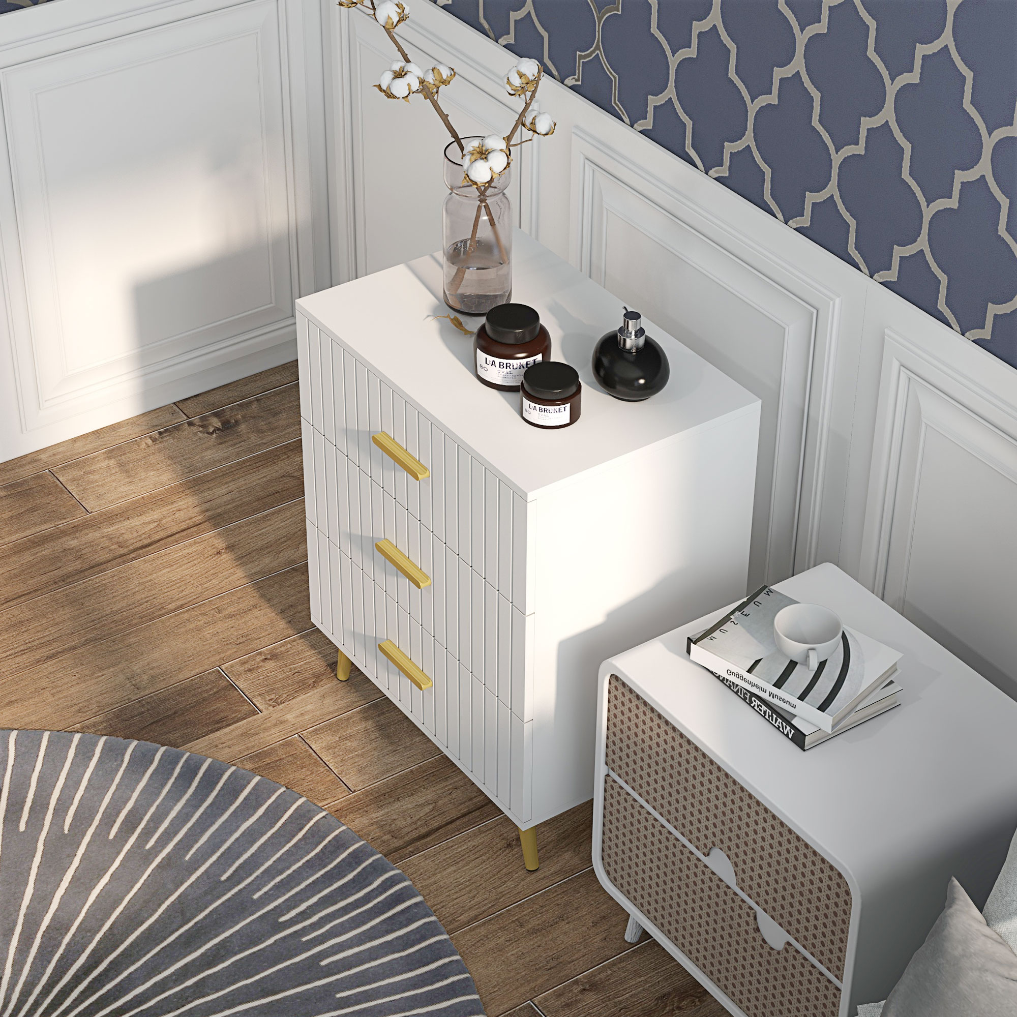 3 Drawer Cabinet, Drawer Chest for Bedroom, Chest of Drawers with Aluminium Legs and Gold Handles, White - Image 5