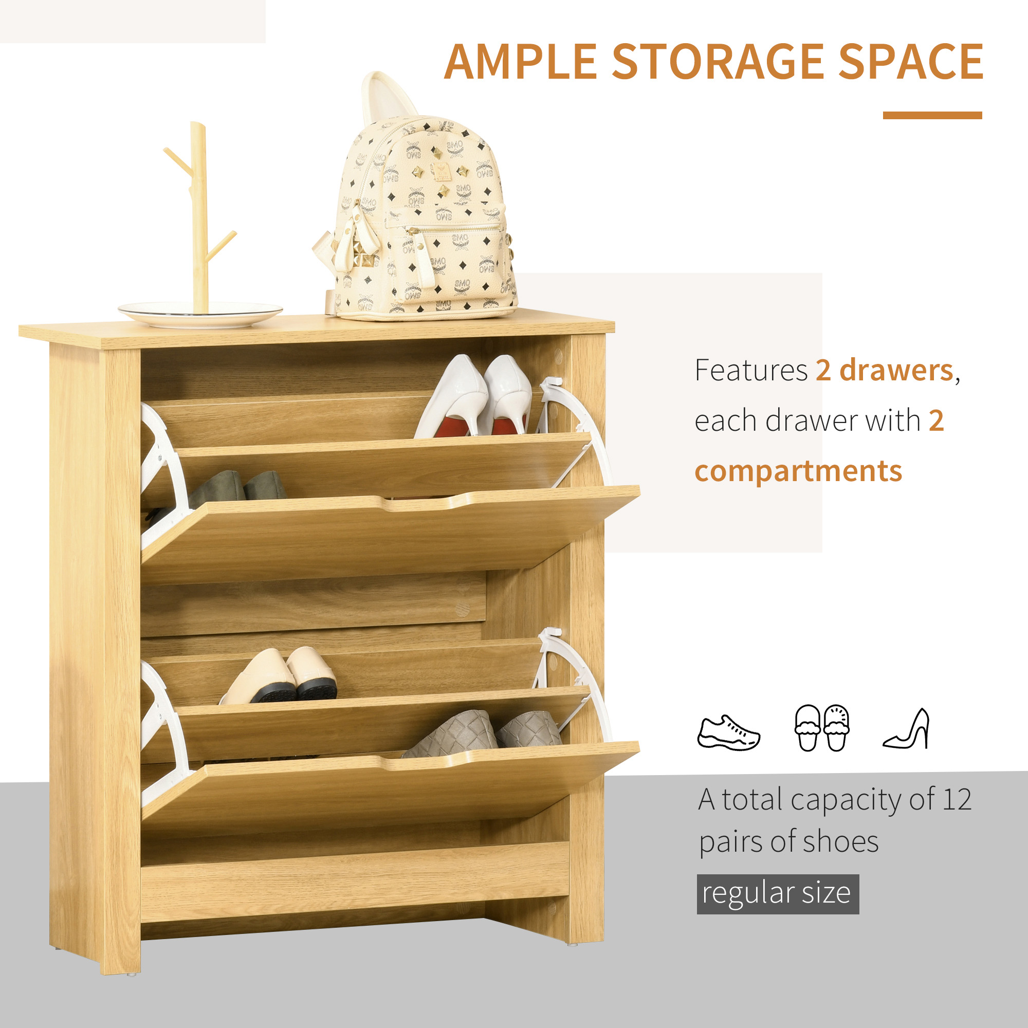 Shoe Storage Cabinet with 2 Flip Drawers and Adjustable Shelves for 8–12 Pairs of Shoes, Natural Wood - Image 2