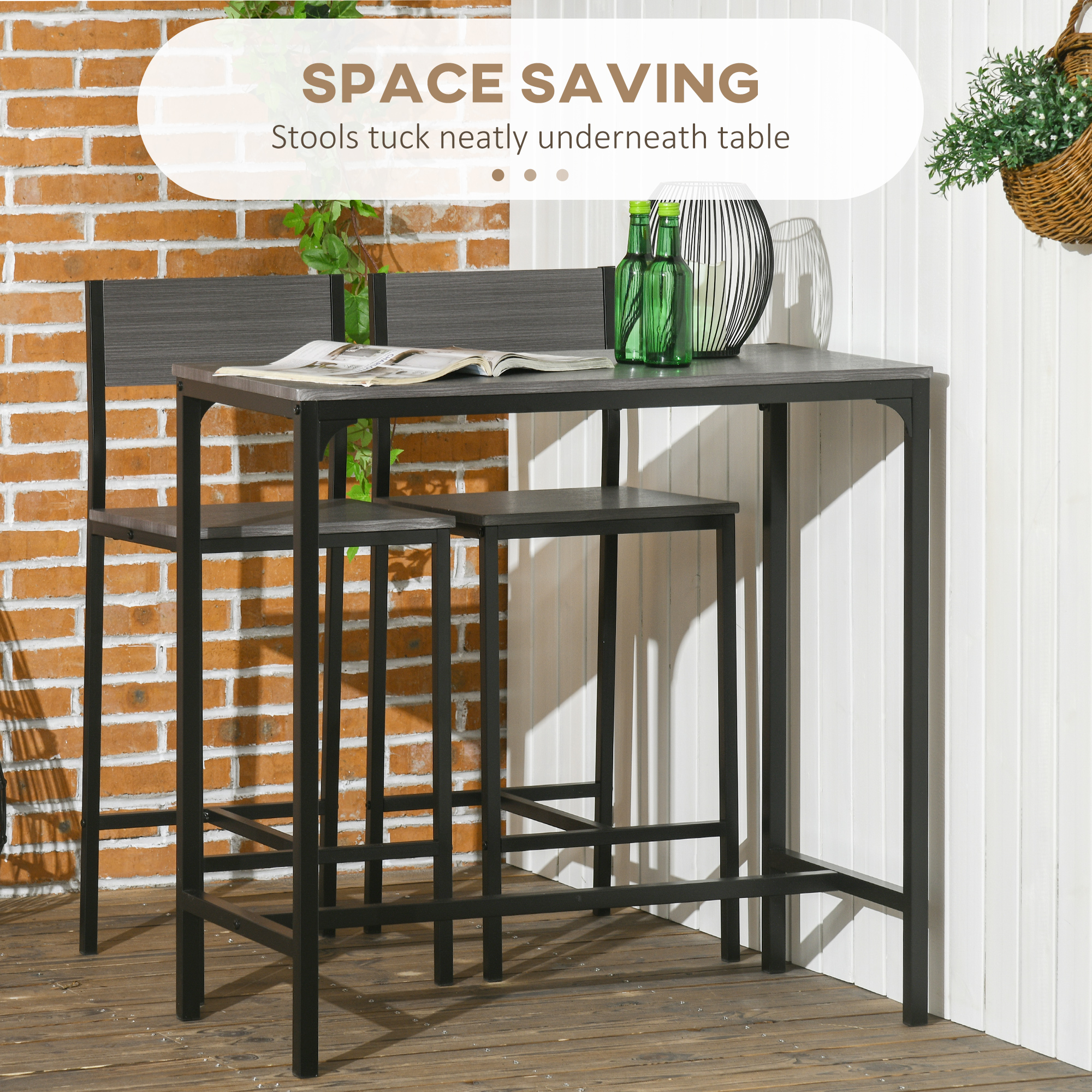 Industrial Bar Table Set Counter Height 3 Piece and 2 High Back Stools Set Dining Table Set Grey - Image 2