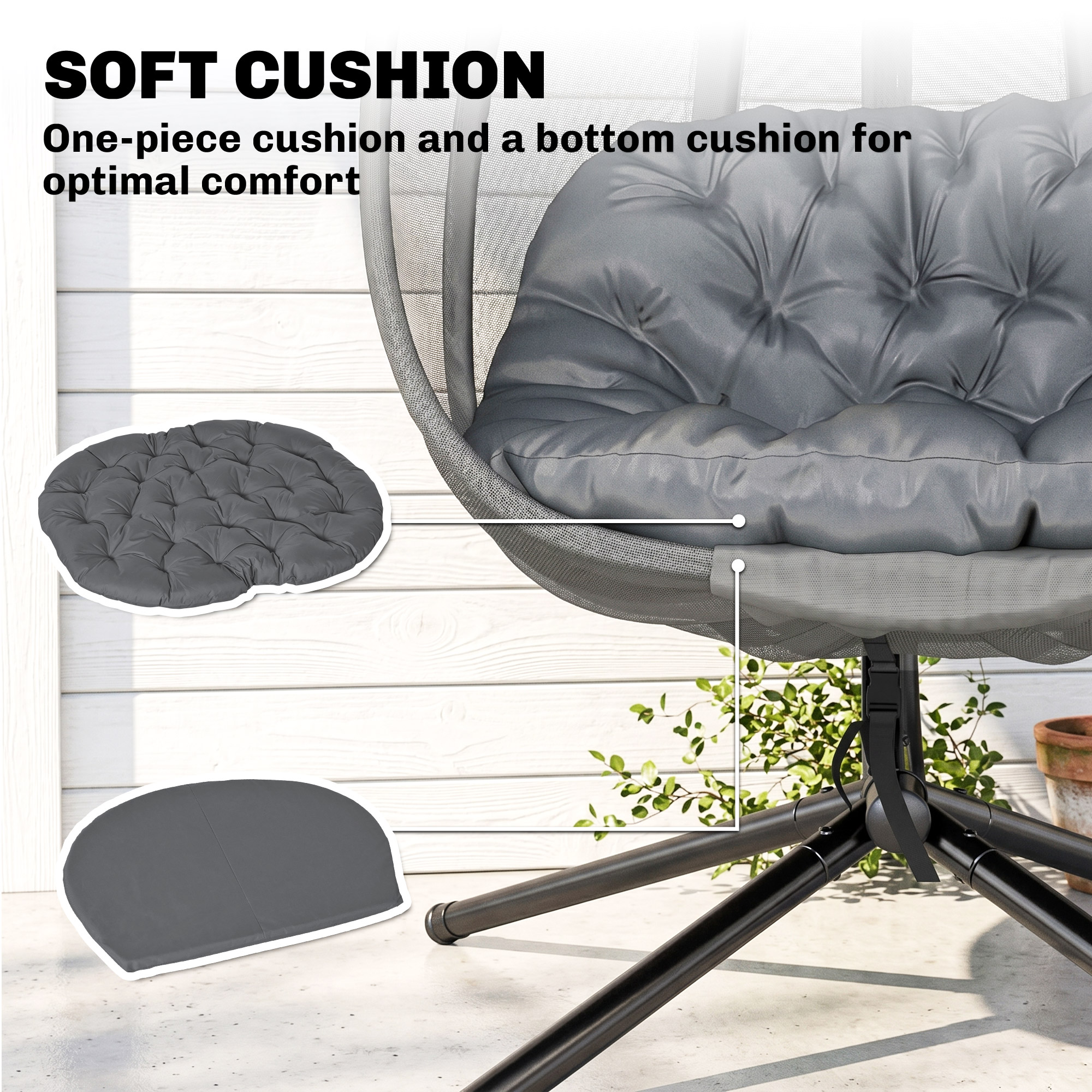 Hanging Egg Chair, Outdoor Indoor Swing Chair with Stand, Folding Basket and Thickened Cushion, Grey - Image 2