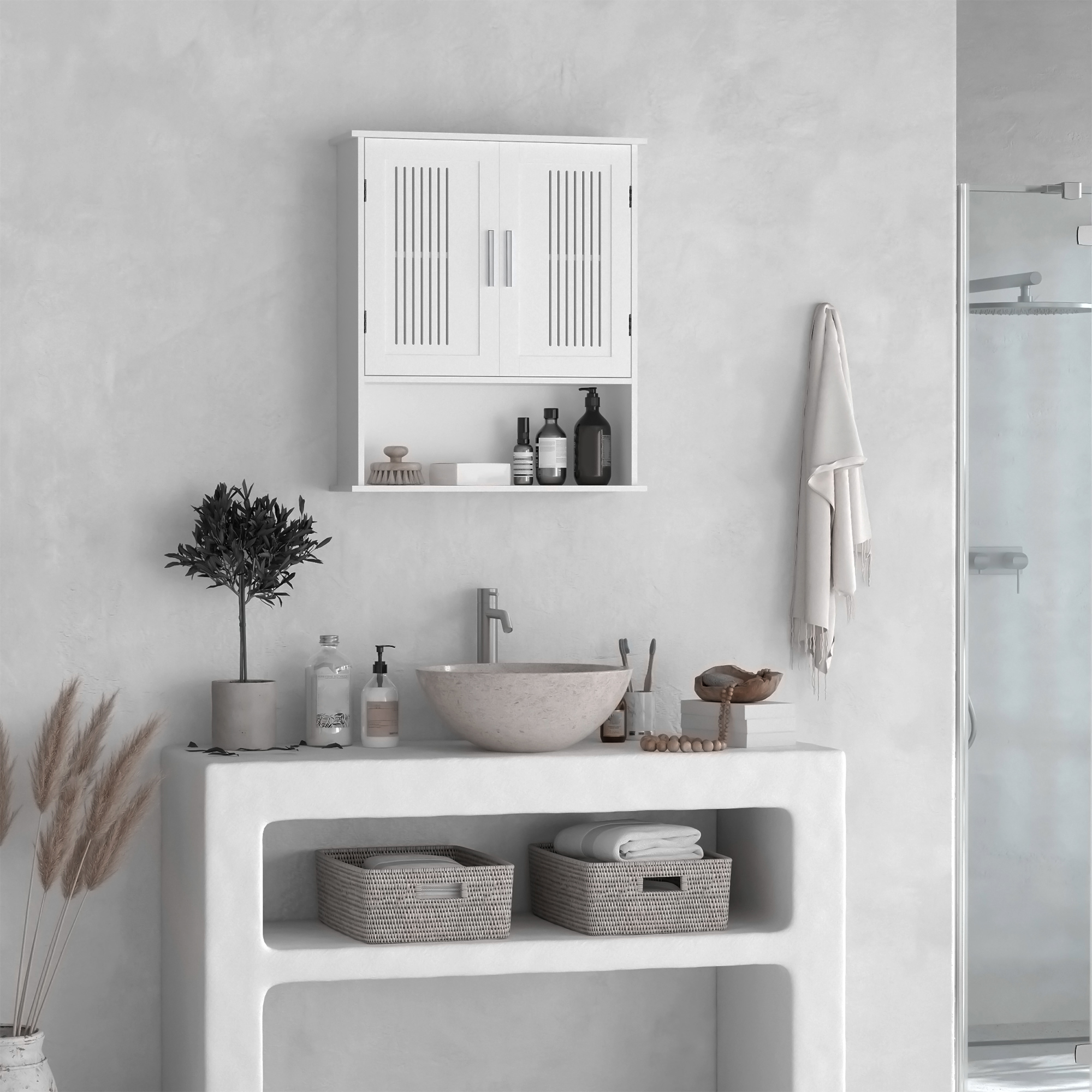 Modern Wall Mount Bathroom Cabinet, Storage Organizer with 2 Door Cabinet and Shelf, White - Image 5