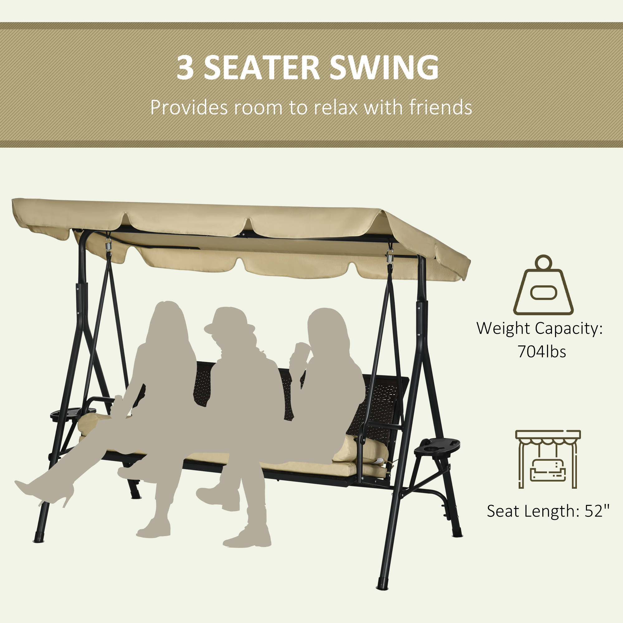 Outdoor 3-Seat Porch Swing with Canopy, Rattan Seat, Removable Cushion, Pillows and Steel Frame - Image 2