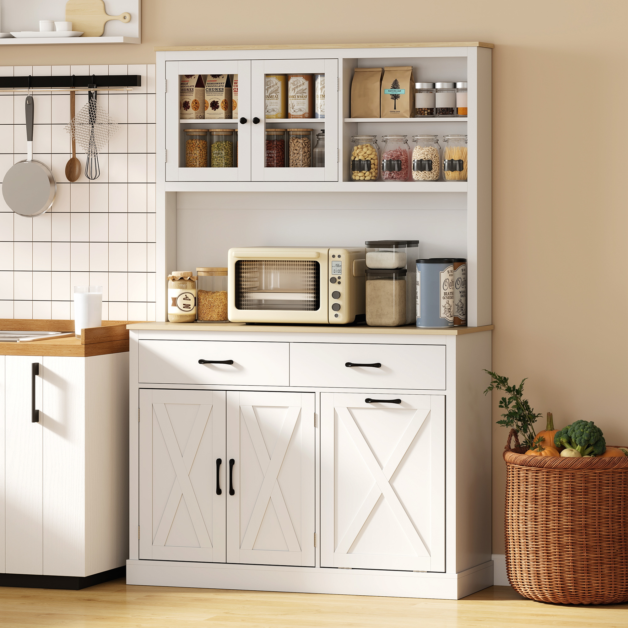 69" Kitchen Pantry Cabinet with Charging Station Kitchen Cabinet with Microwave Stand 7 Gallon Trash Can Cabinet White - Image 6