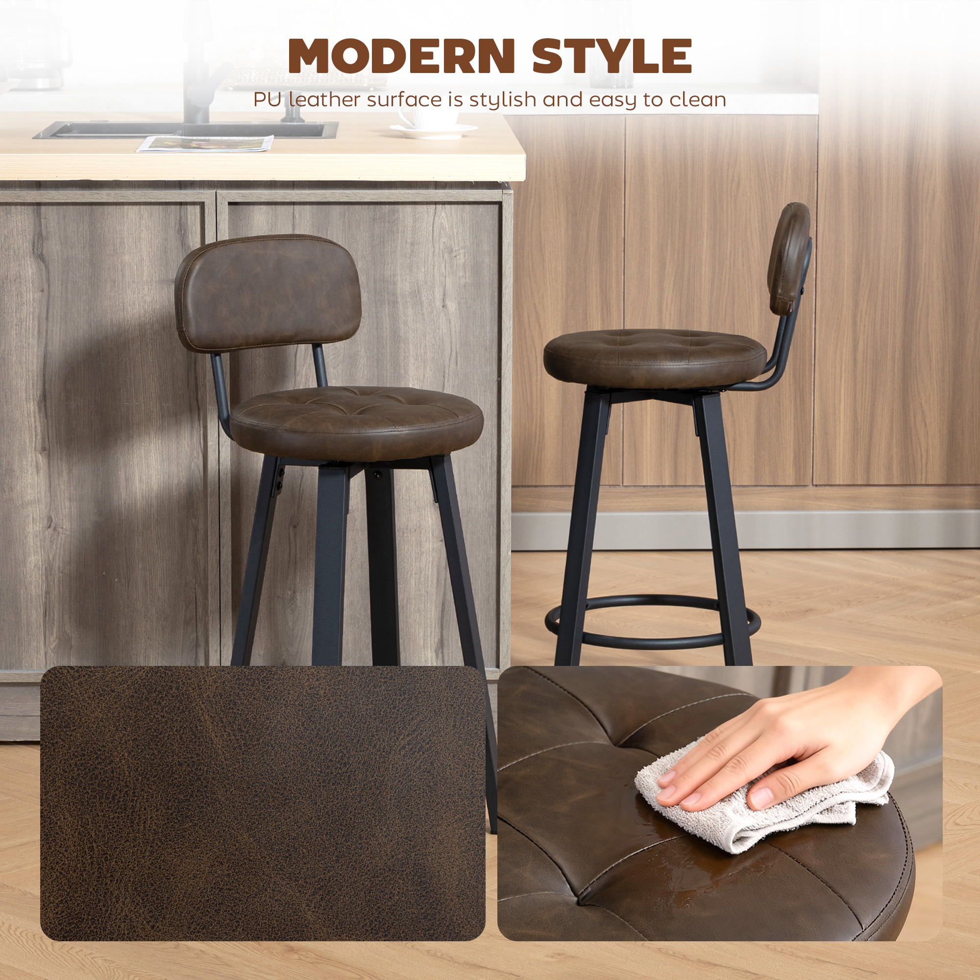 Bar Stools Set of 2, Upholstered Breakfast Bar Chairs with Footrest and Backrest for Kitchen Counter, Brown - Image 2