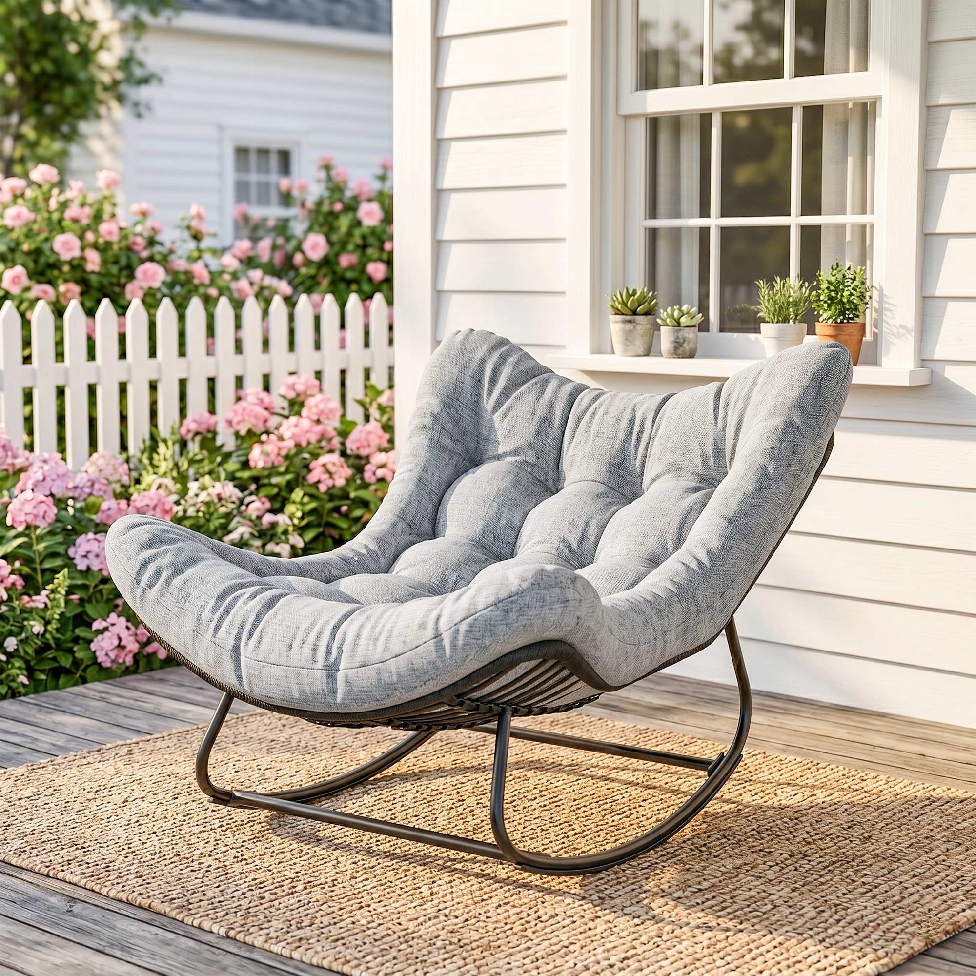 Oversized Rattan Patio Egg Chair, Outdoor Rocking Chair with Padded Cushion for Indoor, Porch, Grey - Image 6
