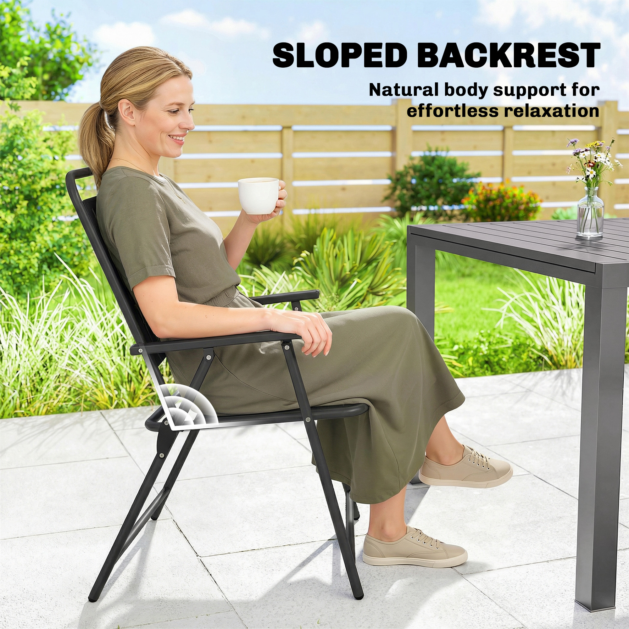Folding Garden Chairs, Garden Dining Chairs with Plastic Slatted Seat Back, Armrests, Steel Frame, Set of 4, Black - Image 4