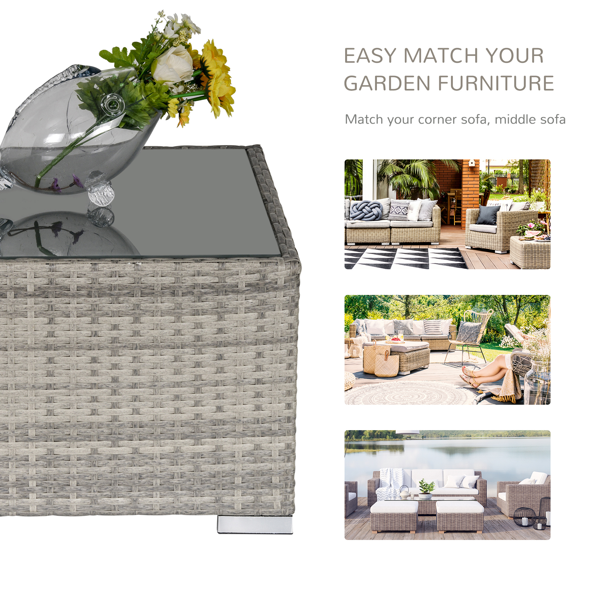 Rattan Garden Coffee Table, 25.6" Square Garden Rattan Table with Tempered Glass Top, Grey - Image 5