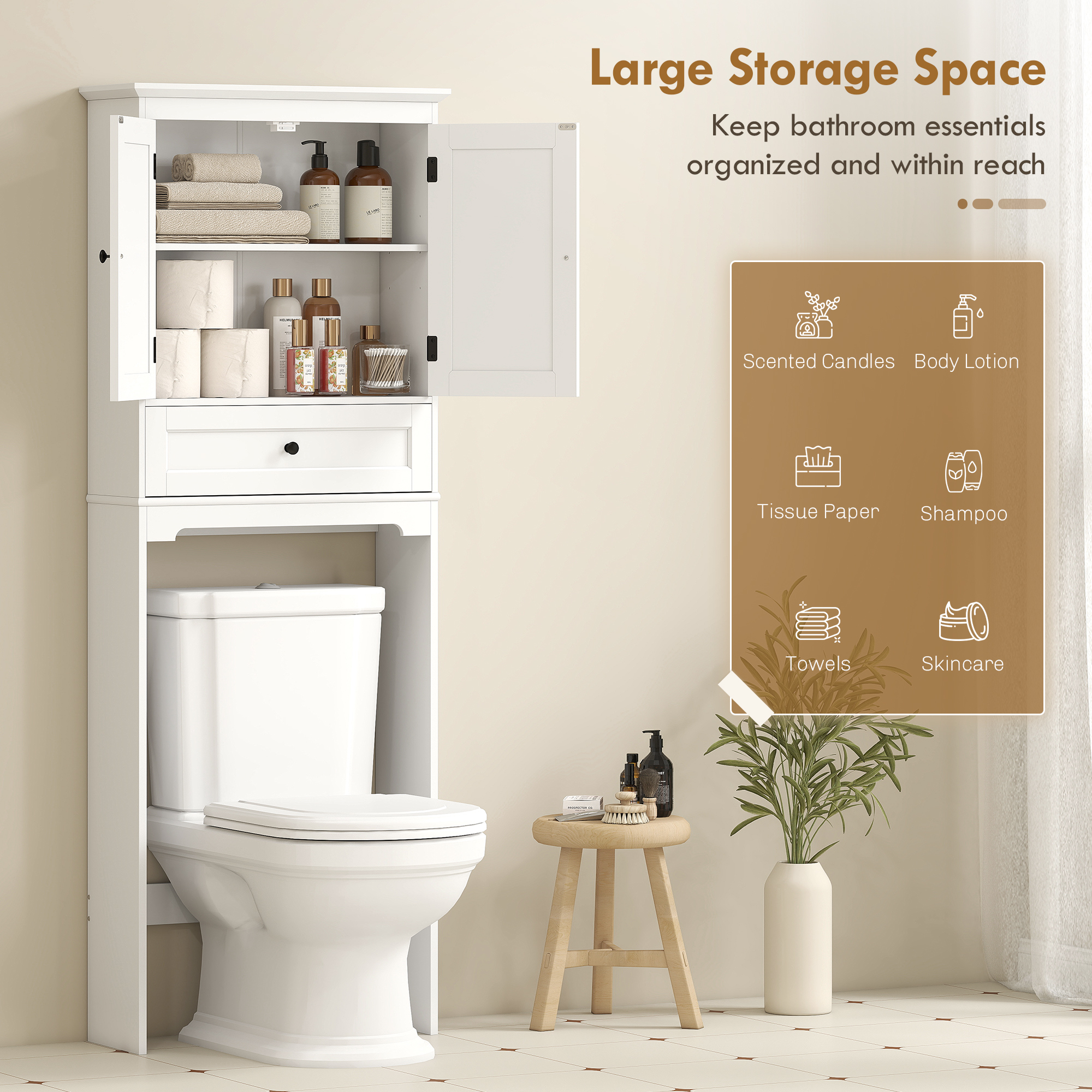 Over The Toilet Storage, Modern Bathroom Cabinet Over Toilet with Drawer, Cabinet and Adjustable Shelf, White - Image 2