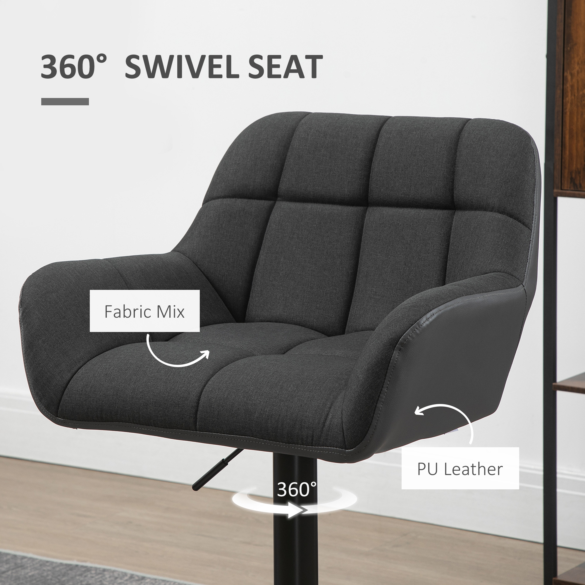 Swivel Barstools Set of 2 Adjustable Bar Stools with Footrest Armrests and PU Leather Back for Dining Room Black, Grey - Image 4