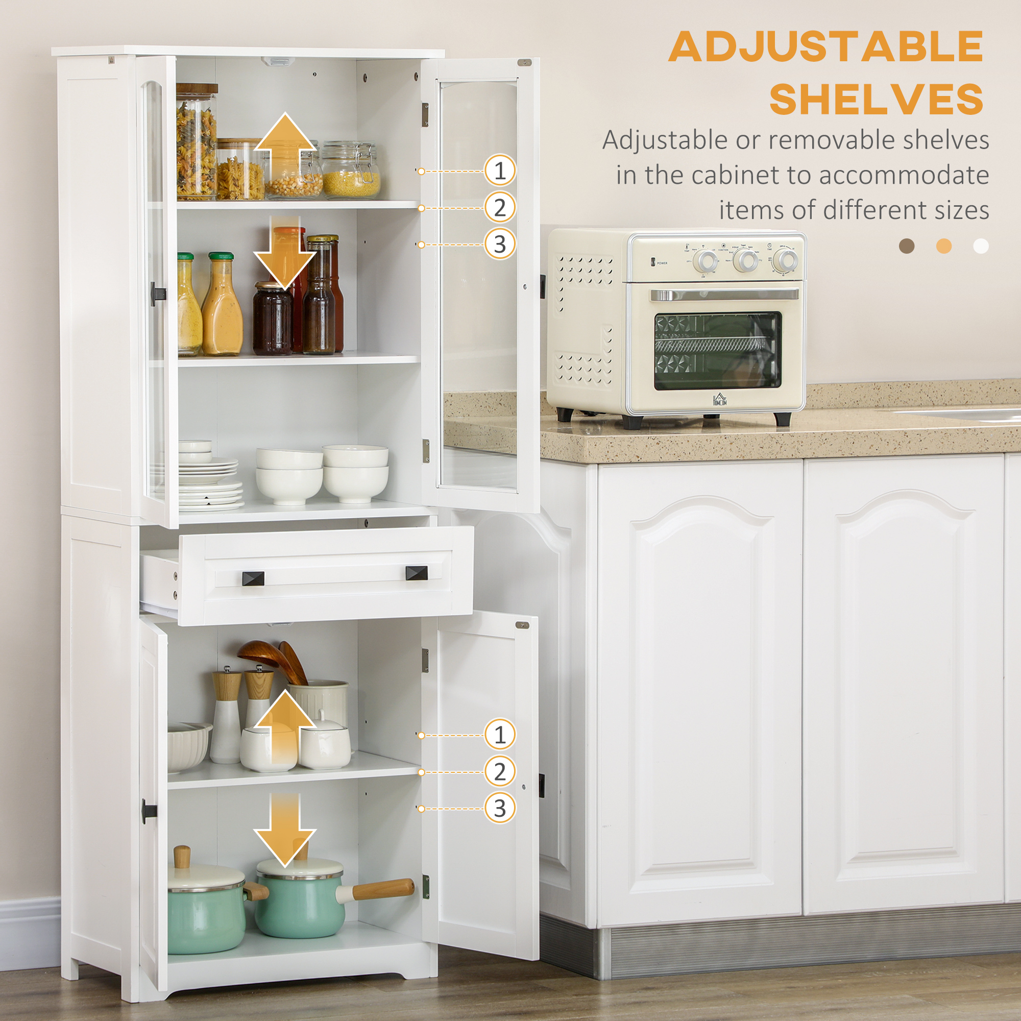 63" 4-Door Kitchen Pantry Cabinet, Freestanding Storage Cabinet Cupboard with Adjustable Shelves, White - Image 3