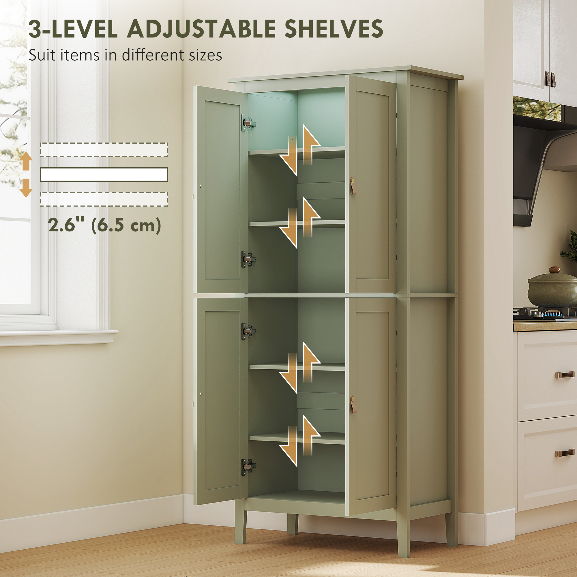 69.5" Tall Kitchen Pantry Storage Cabinet with Motion Sensor LED Light, Modern Kitchen Pantry Cabinet, Green - Image 4