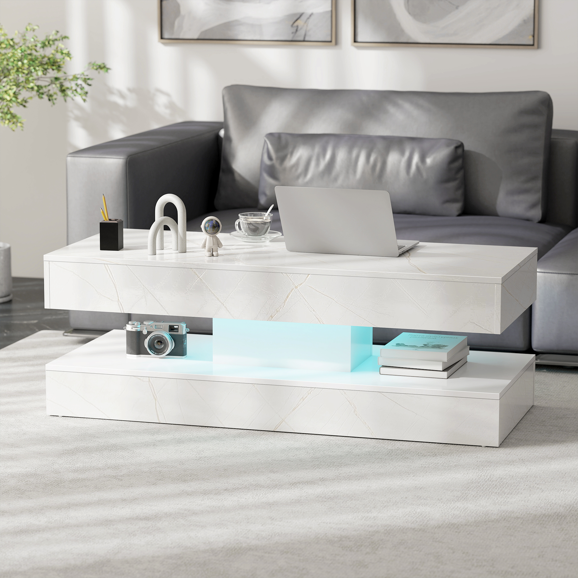 Coffee Table with Adjustable LED Lights, Center Table with 2 Drawers, Open Shelf, Remote, High Gloss Marble-Effect White - Image 6
