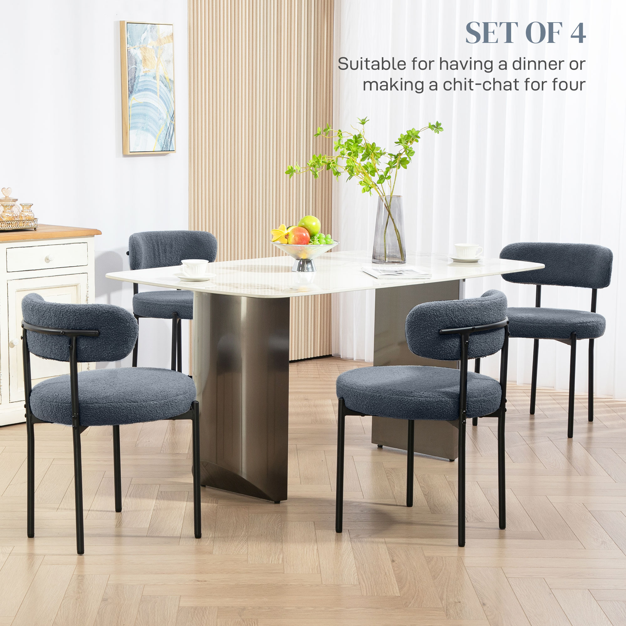 4 Pieces Kitchen Chairs, Modern Dining Chairs w/ Berber Fleece Upholstery and Steel Legs for Living Room, Grey - Image 2