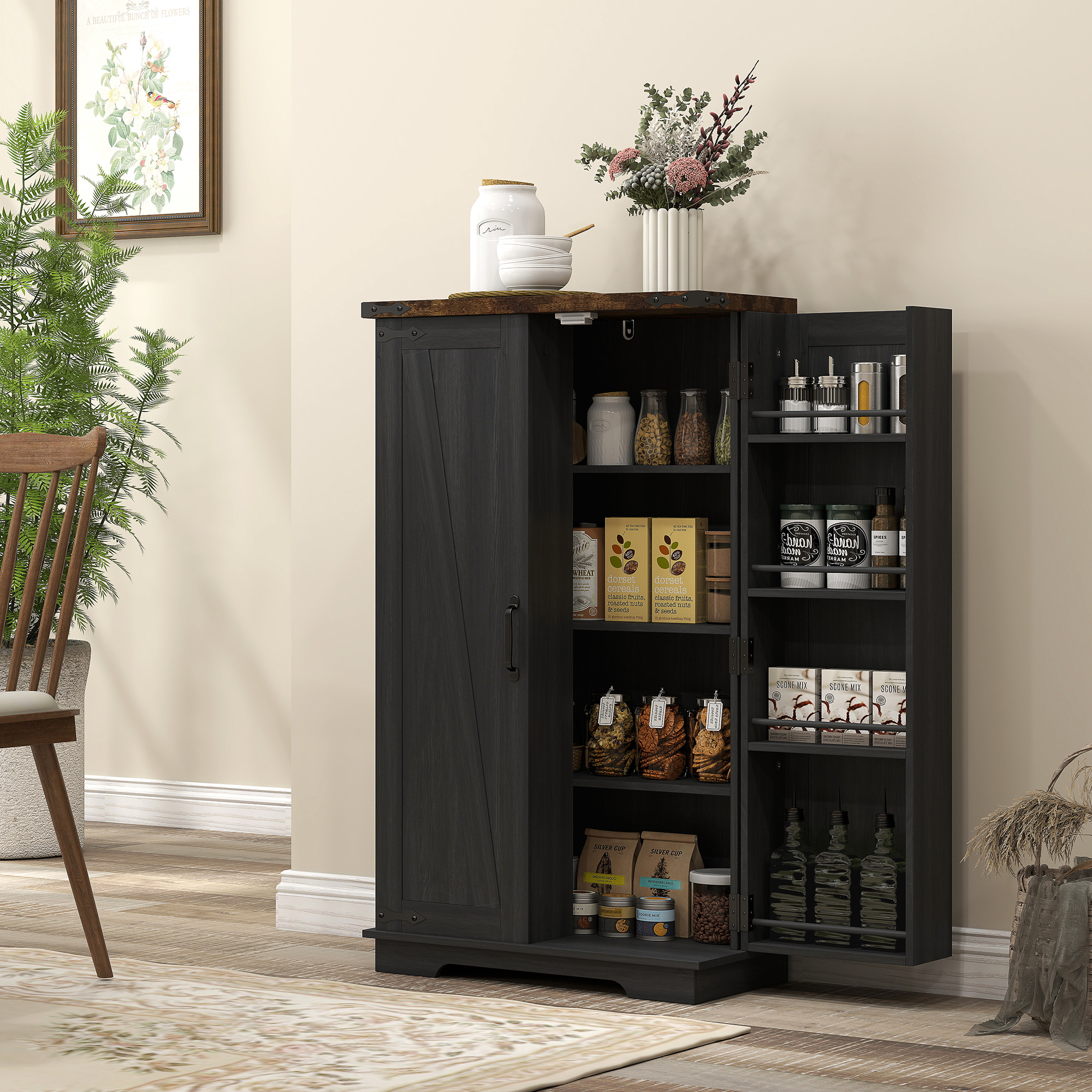Farmhouse Kitchen Pantry Storage Cabinet, Kitchen Pantry Cabinet with Doors and Adjustable Shelves, Black - Image 6