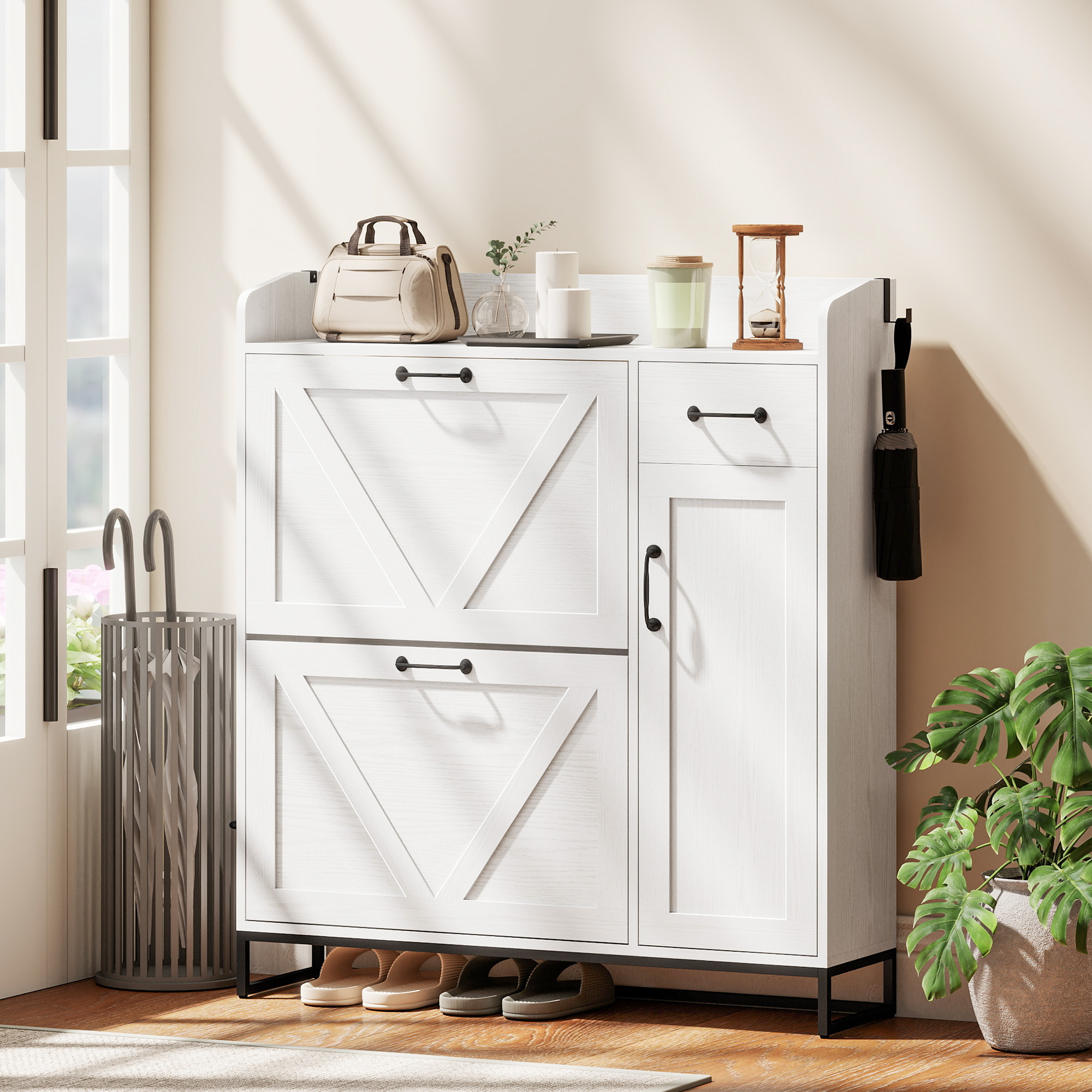 Farmhouse Shoe Storage Cabinet with Side Cabinet and Adjustable Shelves for Entryway, Hallway, Holds 12 Pairs, White - Image 6