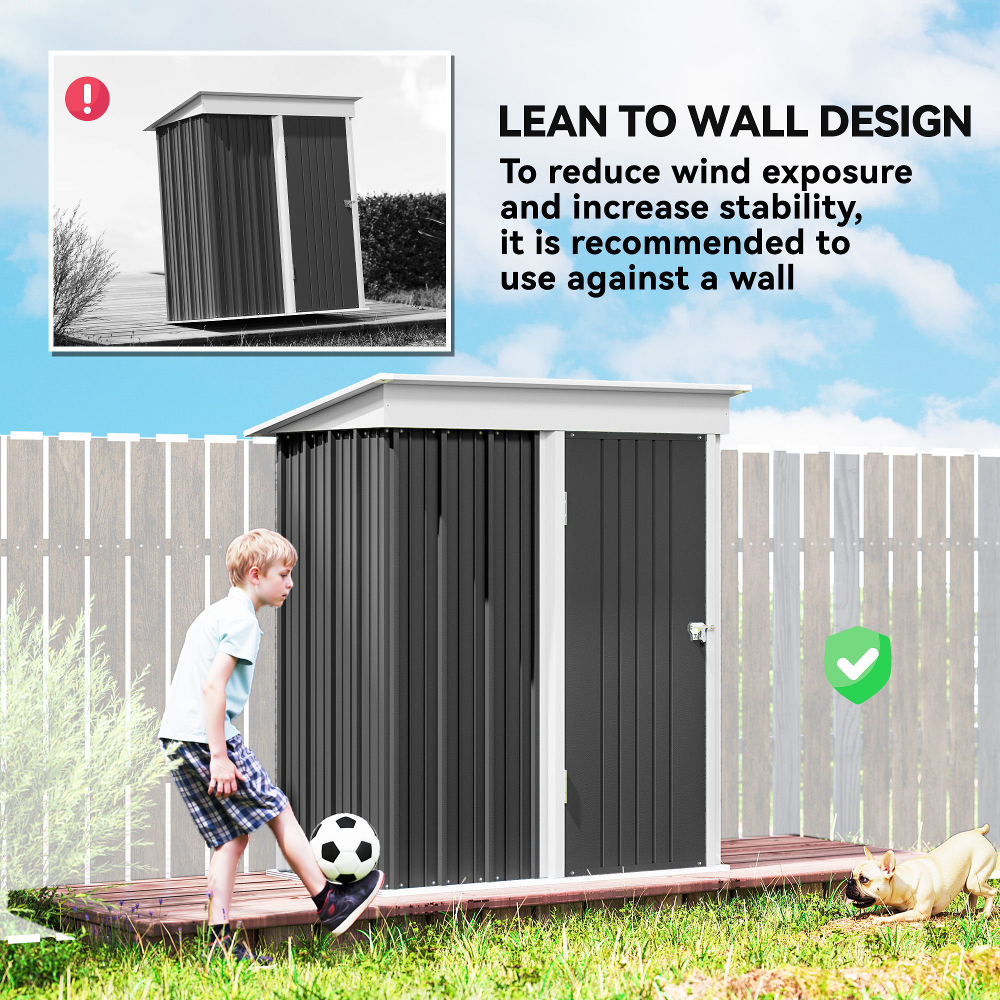 Outdoor Storage Shed, Steel Lean-to Shed with Adjustable Shelf, Lock, Gloves, 5'x3'x6', Dark Grey - Image 4