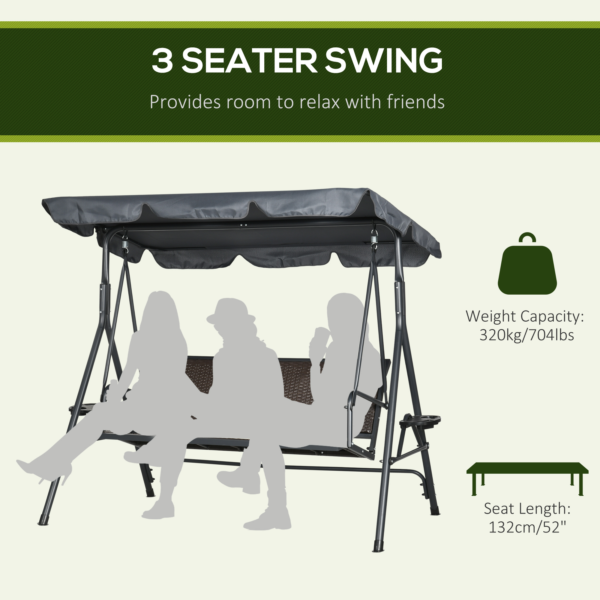 3-Seat Patio Swing Chair, Outdoor Canopy Swing Glider with Adjustable Shade, Rattan Seat and Steel Frame, for Porch, Garden, Poolside, Dark Grey - Image 2