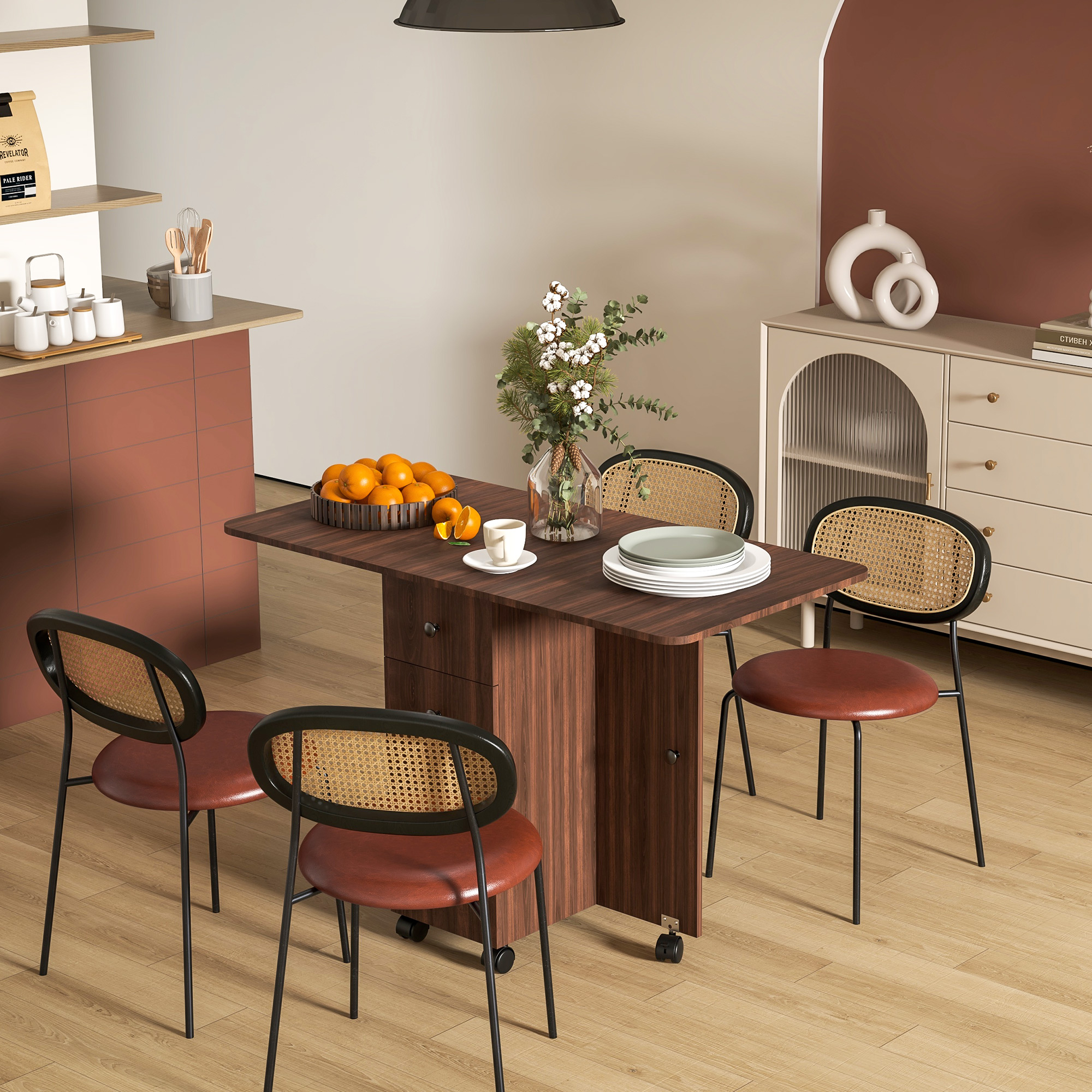 Drop Leaf Dining Table, Mobile Folding Table on Wheels with Drawers and Cabinet for Dining Room, Kitchen, Brown - Image 6