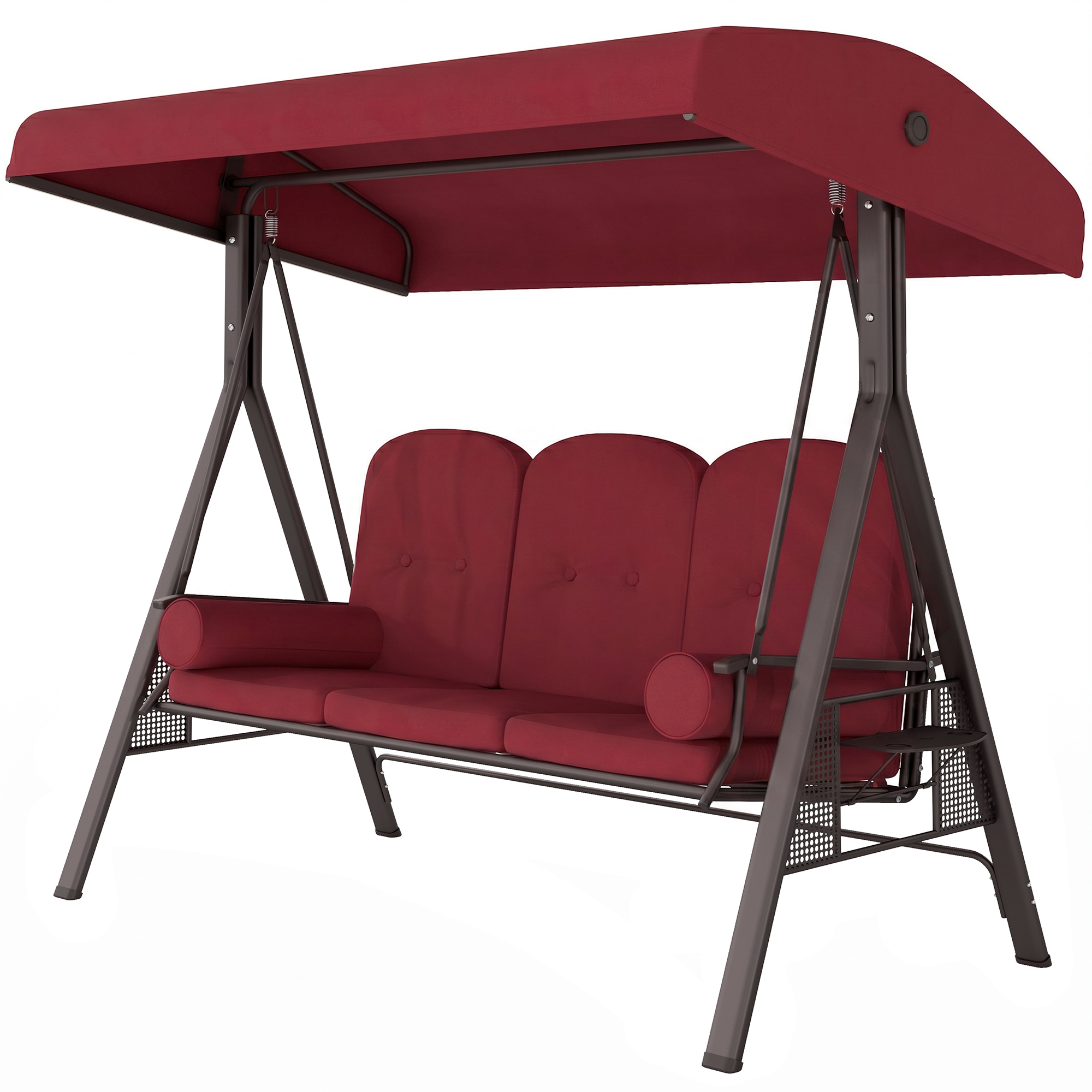 Outdoor Patio 3-Person Steel Canopy Cushioned Seat Bench Swing with Included Side Trays & Padded Comfort, Wine Red