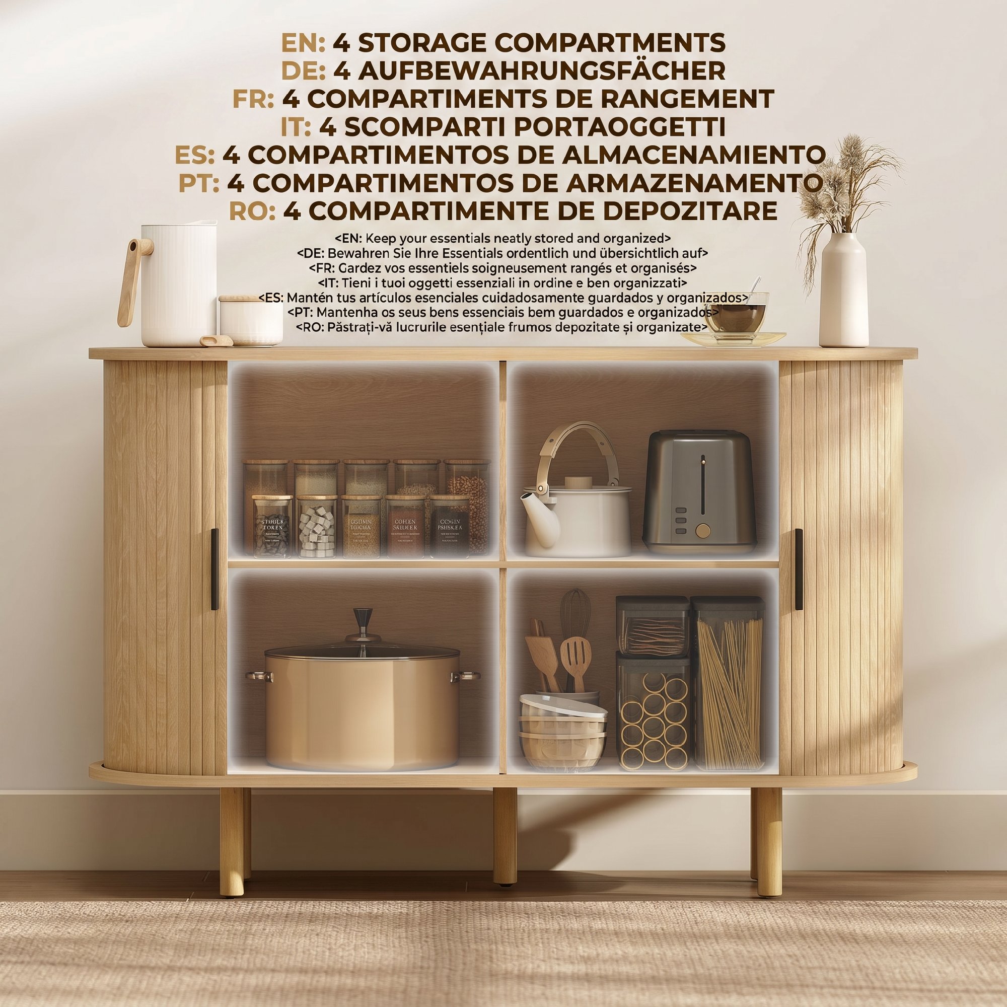 47" Buffet Cabinet with Tambour Sliding Doors, Fluted Sideboard with Storage Shelves and Wooden Legs, Oak - Image 4