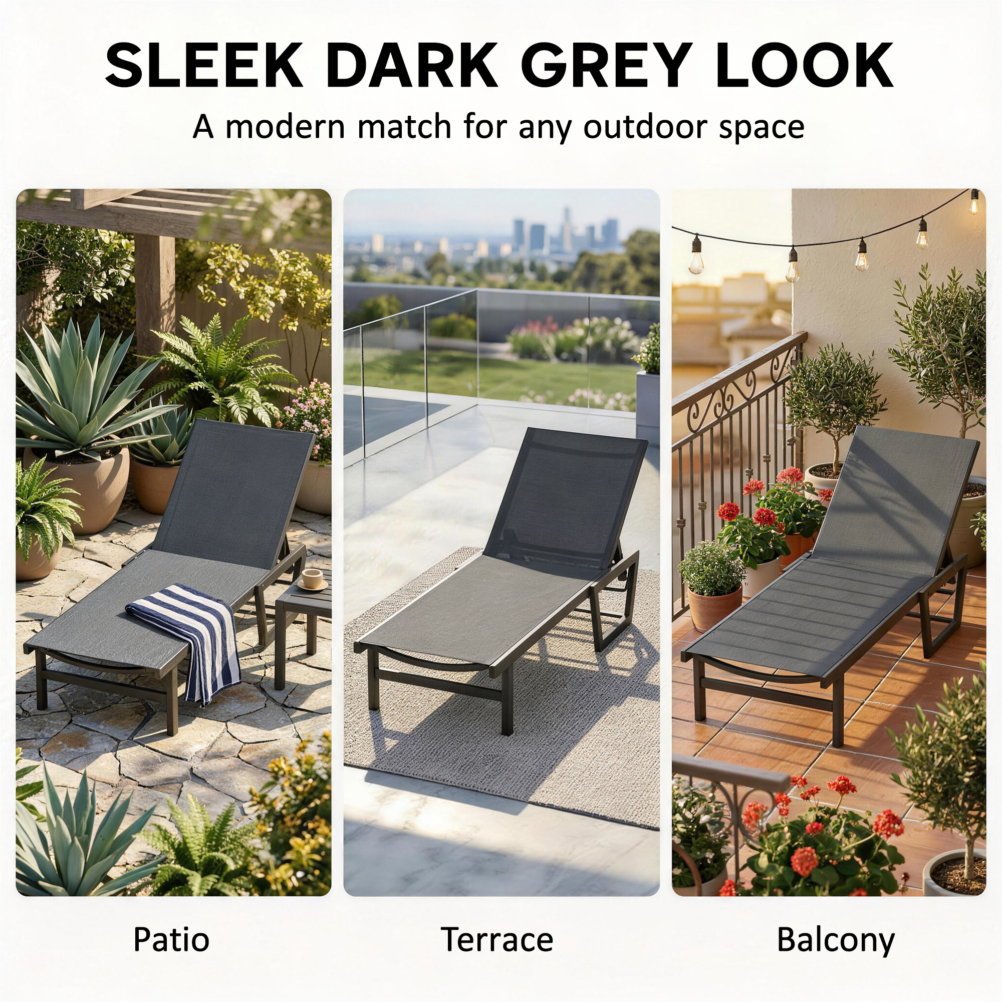 Lounge Chair Outdoor, 63 cm Wide Chaise Lounge Tanning Chair, 4-Position Outdoor Tanning Lounger, Dark Grey - Image 5