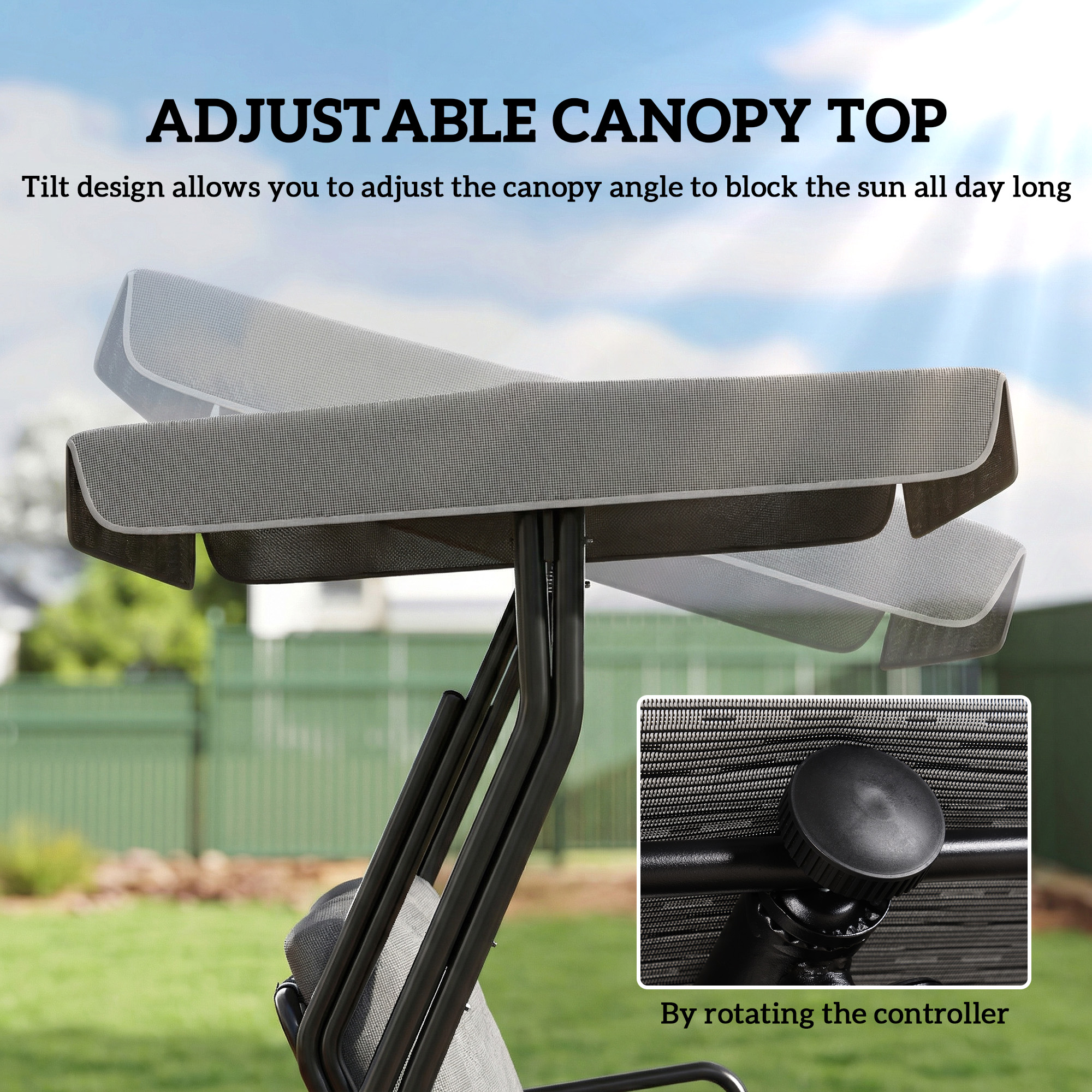 3-Person Patio Swing Chair with Canopy 3 Seater Porch Swing for Garden, Backyard, Poolside, Light Grey - Image 2