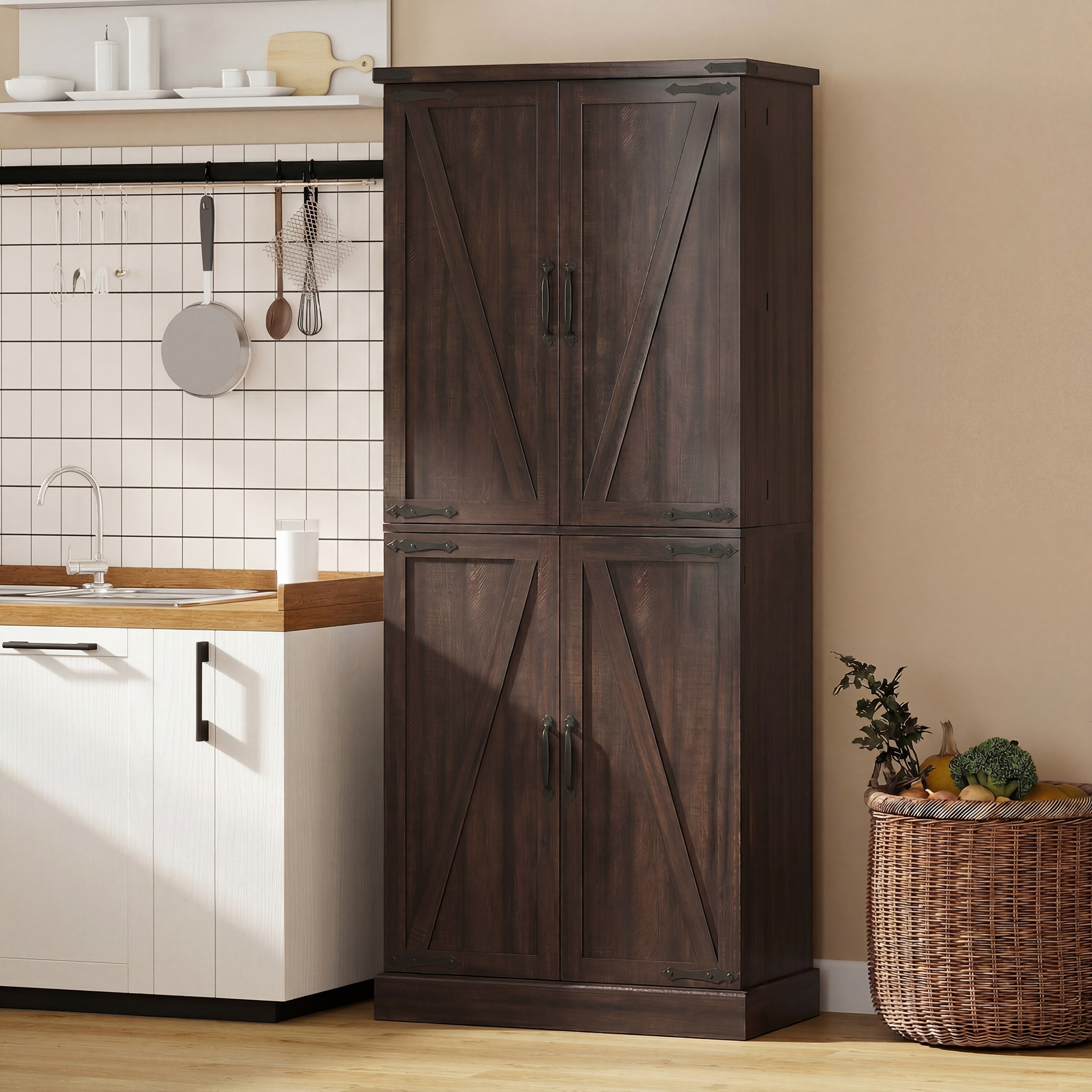72" Tall Kitchen Pantry Cabinet, Farmhouse Storage Cabinet with 8 Door Racks and Adjustable Shelves, Distressed Brown - Image 6