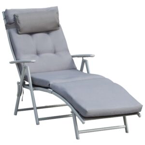 Lounge Chair Outdoor, Folding Patio Chaise Lounger, 360 lbs 7-Position Adjustable Back Outdoor Recliner with Cushion, Headrest for Garden, Backyard, Poolside, Grey