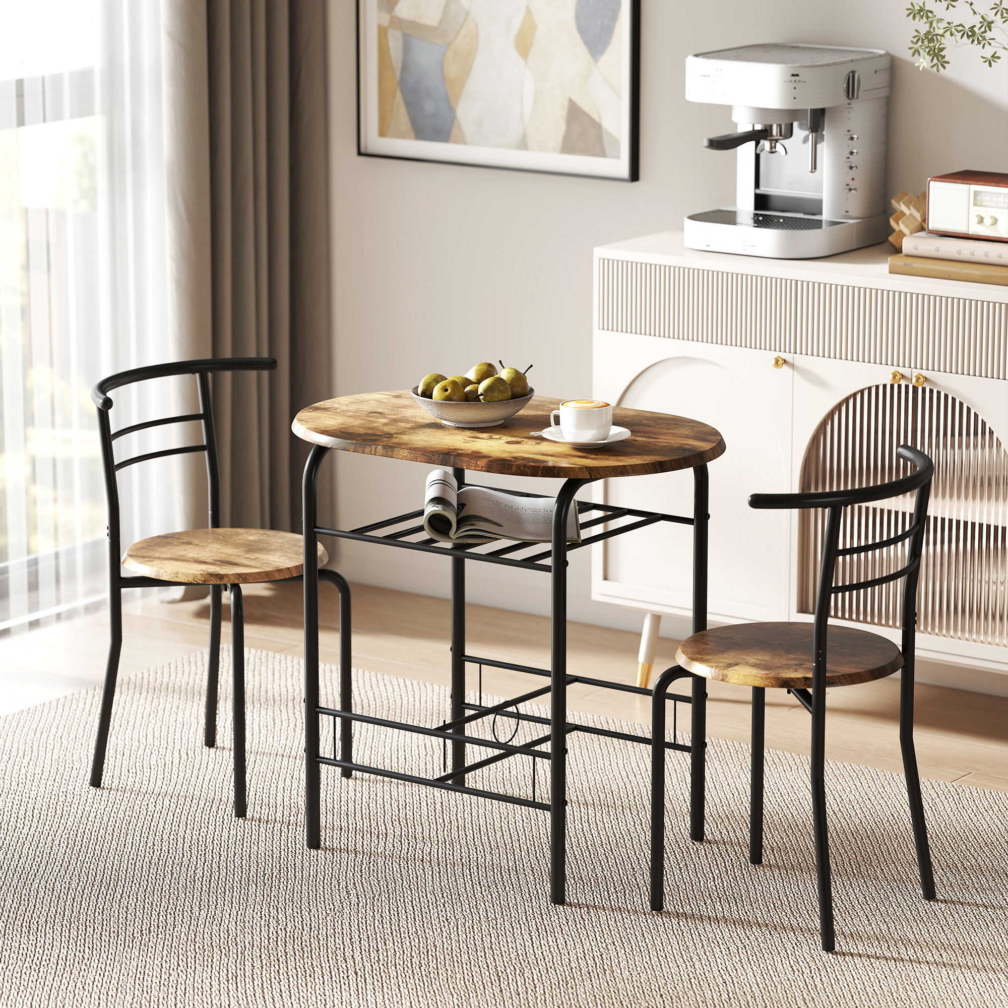 Dining Table Set of 3, Kitchen Table and Chairs Set for 2 with Shelf, Living Room Rustic Brown - Image 6