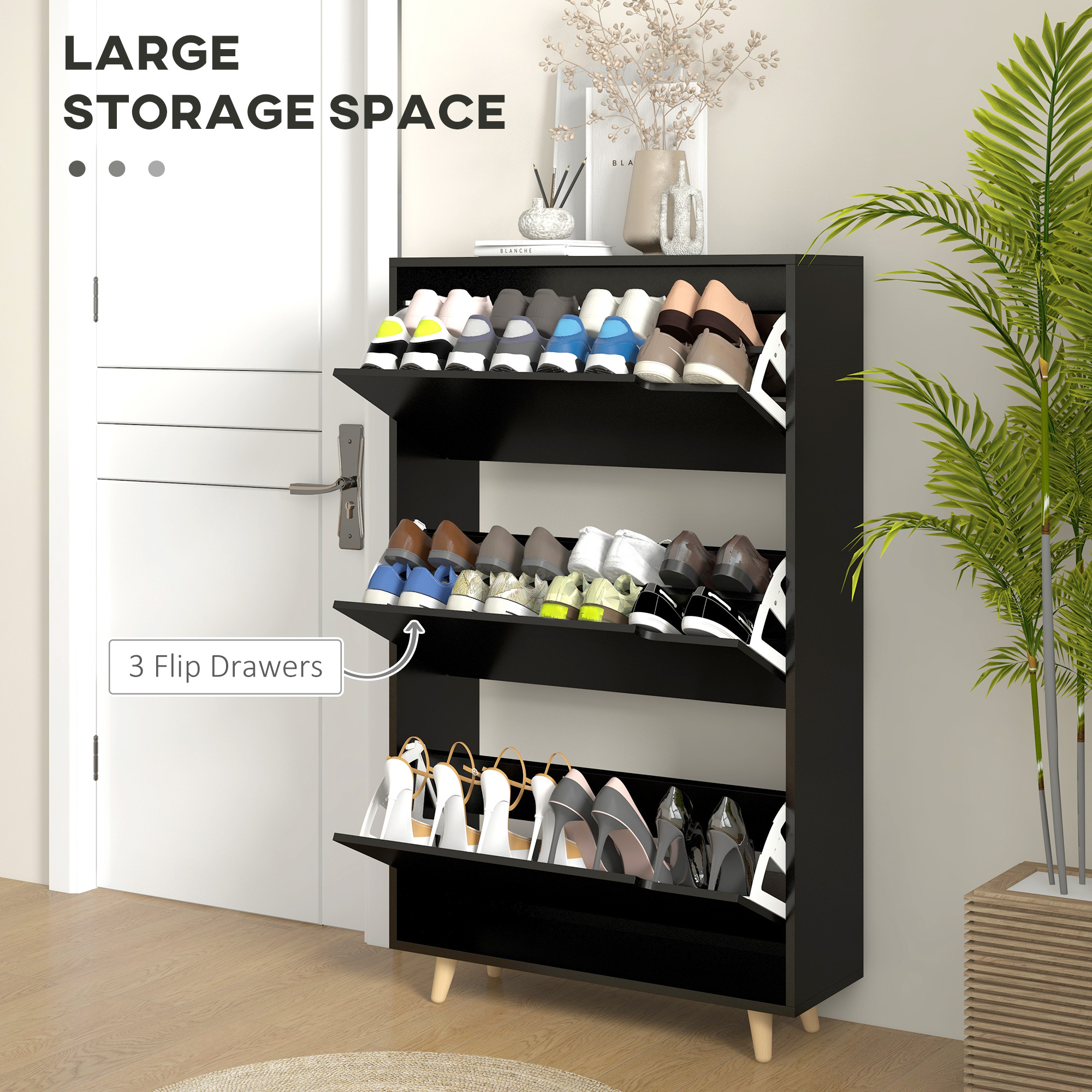 Slim Shoe Storage Cabinet with 3 Flip Drawers and Adjustable Shelves, Shoe Cabinet for 18-24 Pairs, Black - Image 2