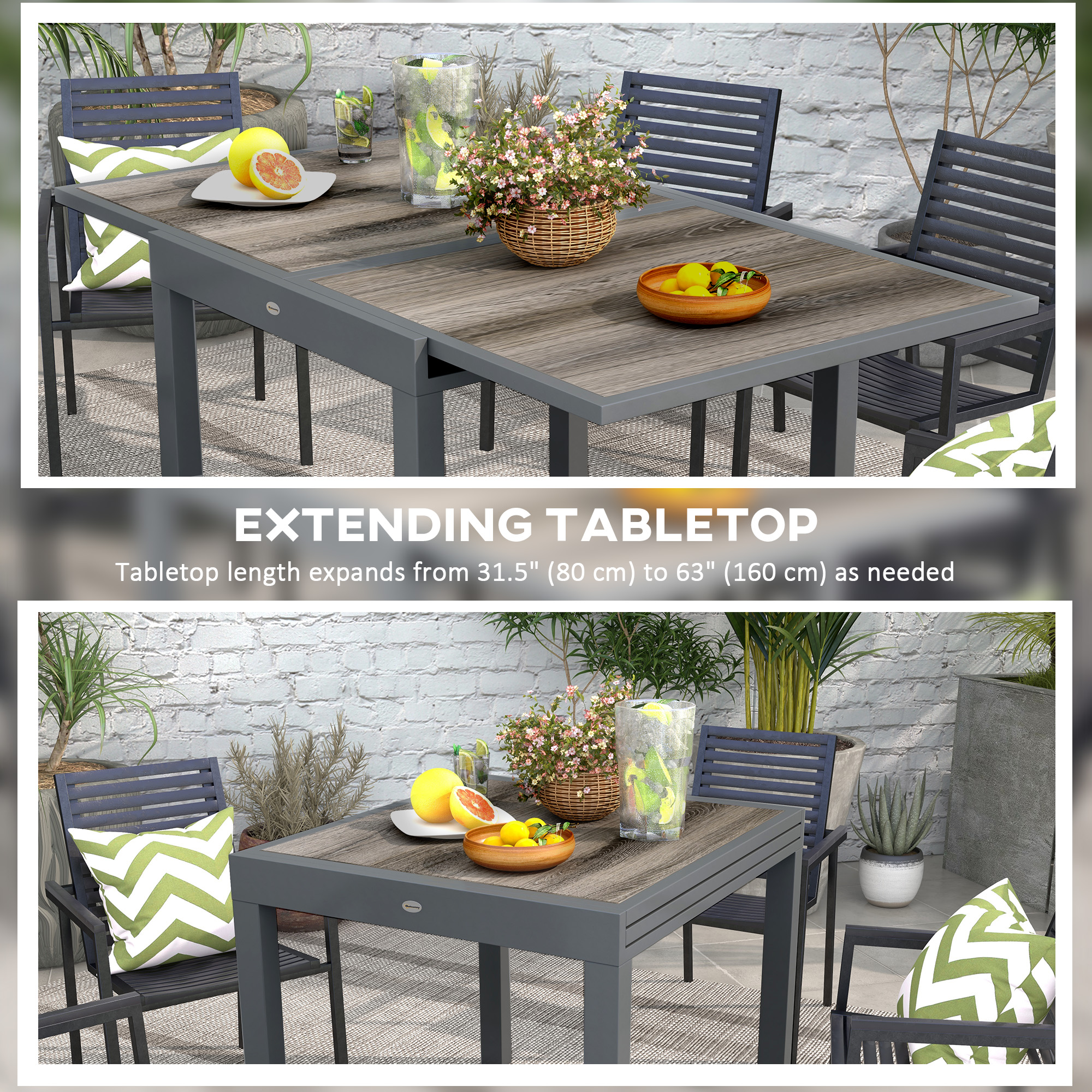 Extendable Dining Table, Rectangular Patio Outdoor Table with Aluminum Frame and Plastic Board Tabletop for Lawn, Grey - Image 2